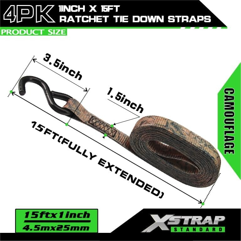 XS11220-Camouflage 4 Pack 1" x 15FT Ratchet Tie Down Straps, Motorcycle Straps, 1890Lbs Break Strength, Abrasion-Resist Webbing with Coated S Hook for Moving Appliances Lawn Equipment ATV Truck, Camouflage