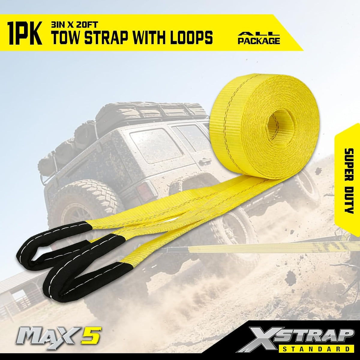 XS61907 Heavy Duty 3" x 20ft Recovery Snatch Truck Tow Strap 30000 Lb Break Strength, Abrasion Sleeve & Triple Reinforced Loops, Emergency Towing Strap for Off-Road, SUV and Jeep