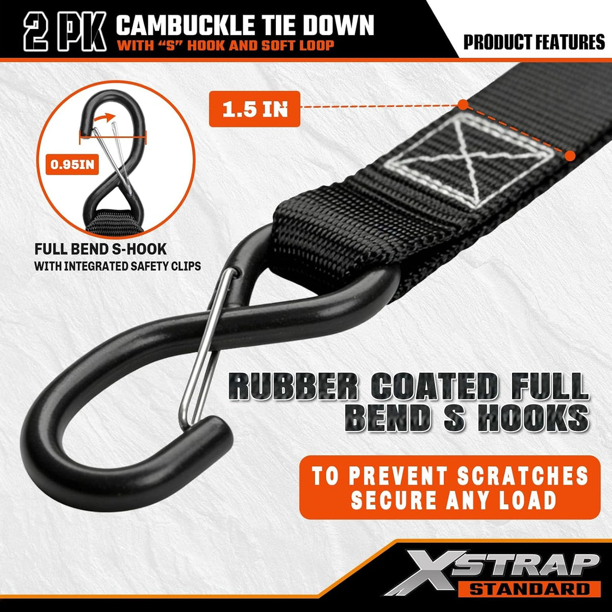 XS16008 2-PK Motorcycle Straps Cambuckle Tie Down 1.5" X 8FT, Black 3000lb Break Strength Heavy-Duty Handlebar Straps, Safety S-Hooks & Soft Loops for Dirt Bike, ATV, Boat & Kayak