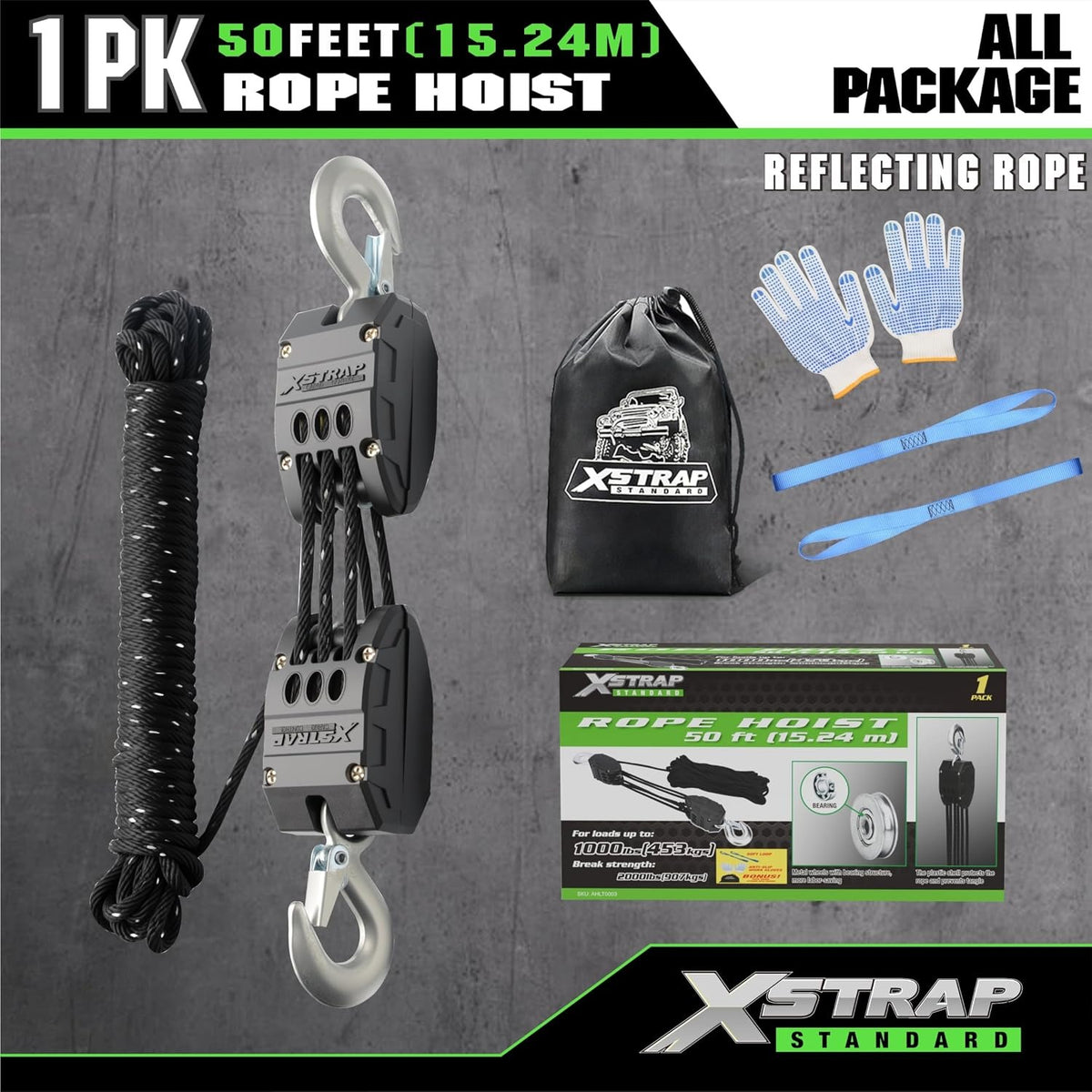 AHLT0003-Reflective 50FT Reflective Rope Hoist Pulley Block & Tackle 5:1 System 1000 Working Load, 2000 LB Break Strength, 50 FT Rope Hoist with 2 Soft Loops for Garage, Hunting & DIY Attic Lift