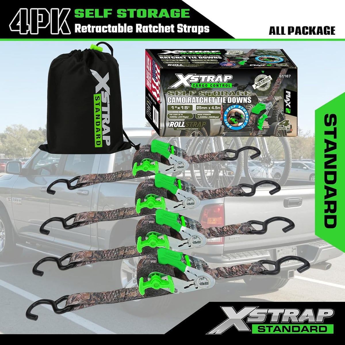 X61167 4-Pack 1" x 15ft Self-Storing Ratchet Tie Down Straps, Camo 1500 lbs Break Strength Hand Crank Cargo Straps with S Hooks for Truck Trailer Pickups Motorcycle Van ATV UTV
