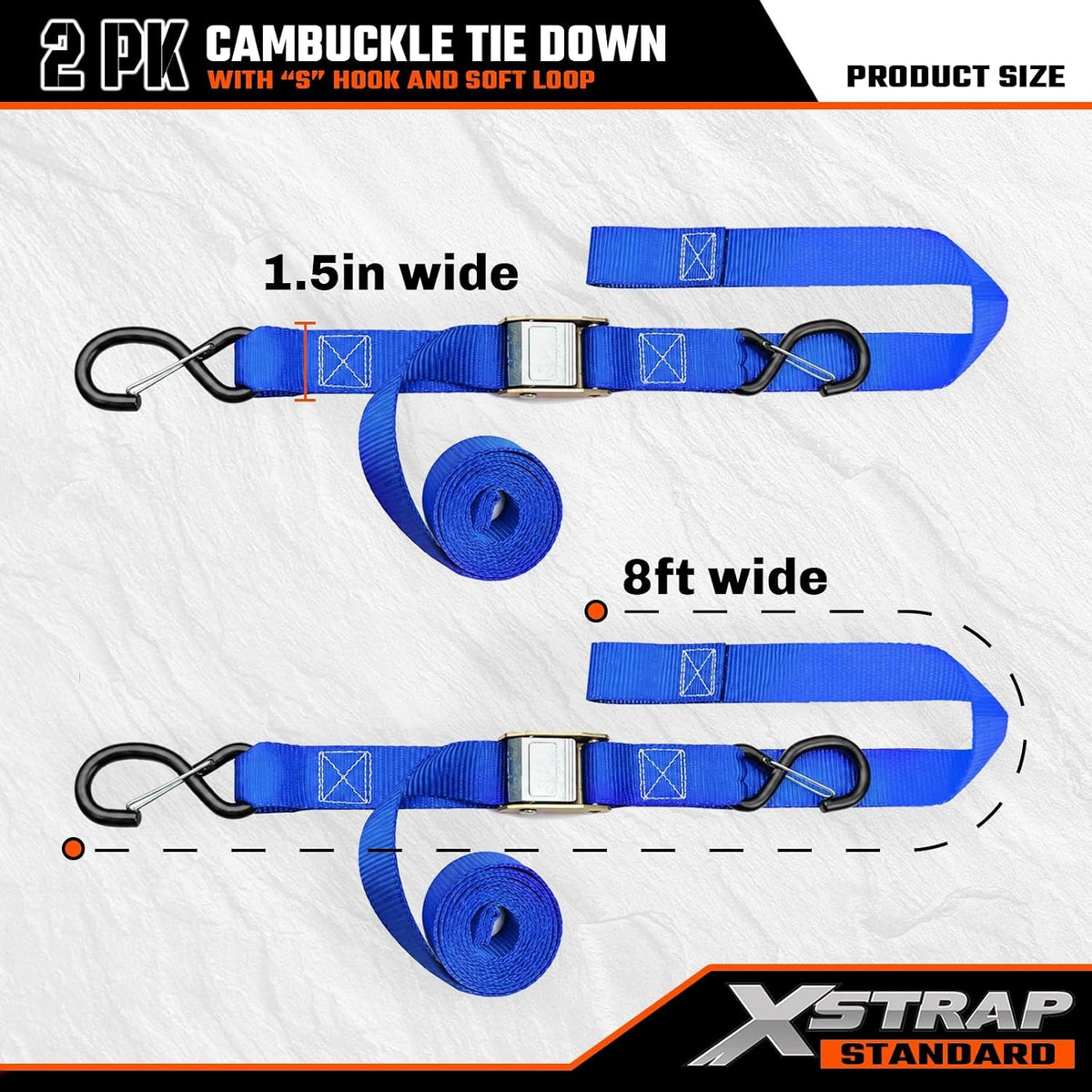 XS16008-Blue 2-PK Motorcycle Straps Cambuckle Tie Down 1.5" X 8FT, Blue 3000lb Break Strength Heavy-Duty Handlebar Straps, Safety S-Hooks & Soft Loops for Dirt Bike, ATV, Boat and Kayak