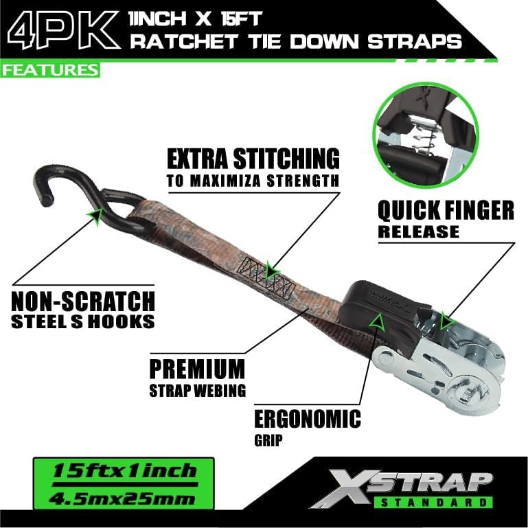 XS11220-Camouflage 4 Pack 1" x 15FT Ratchet Tie Down Straps, Motorcycle Straps, 1890Lbs Break Strength, Abrasion-Resist Webbing with Coated S Hook for Moving Appliances Lawn Equipment ATV Truck, Camouflage