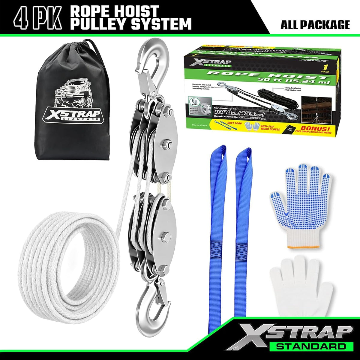 AHLT0001-White Heavy-Duty 50 FT Rope Hoist, 2,000 LB Breaking Strength 1000lbs Work Load, Metal Wheel Bearing Block And Tackle Pulley System for Lifting Heavy Objects, Includes 2 Soft Loops, White