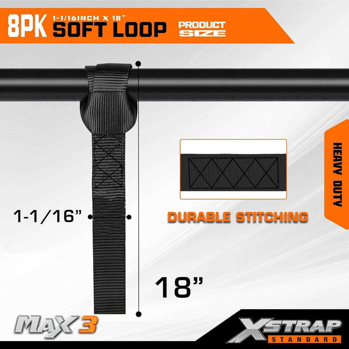 XS16004-Black Motorcycle Soft Loop Tie-Down Straps 8PK 1-1/16 x 18 inches 3,600LB Breaking Strength, Loop Straps for Securing Trailering, Bikes, ATV, UTV, Scooters, Dirt Bikes, Lawn Equipment, Black