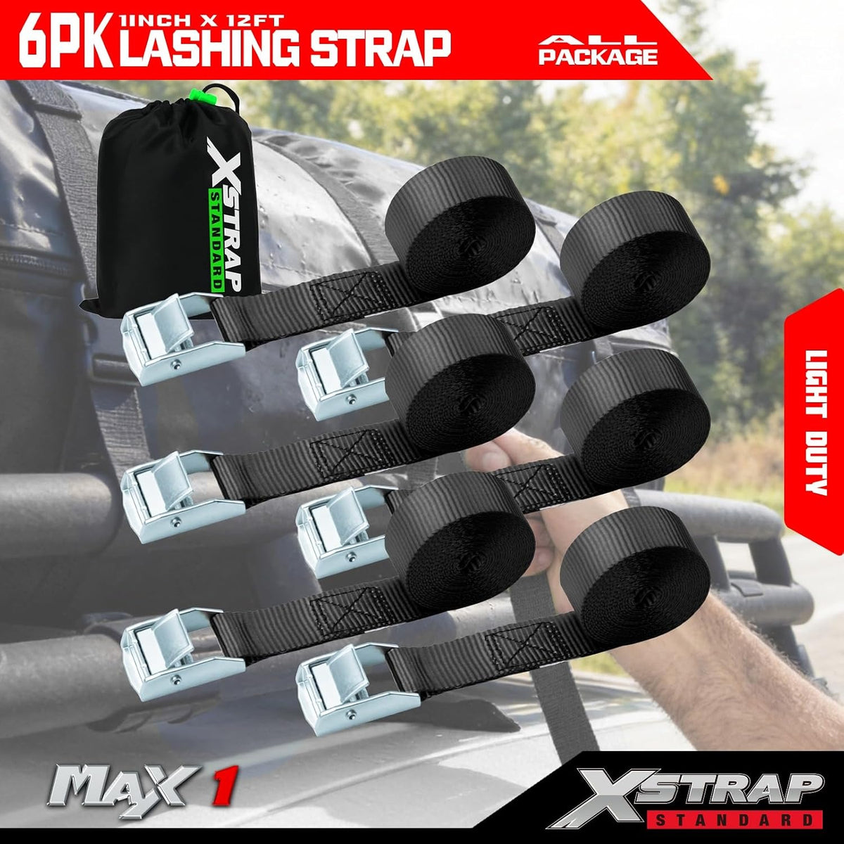 XS61090 Cambuckle Tie Down Strap 6-Pack 1"x12' Cargo Lashing Straps 1000 lb Break Strength 1-inch Powersports Tie Down with Carry Bag for Securing Luggage Motorcycles Trailer Rack Kayak, Black