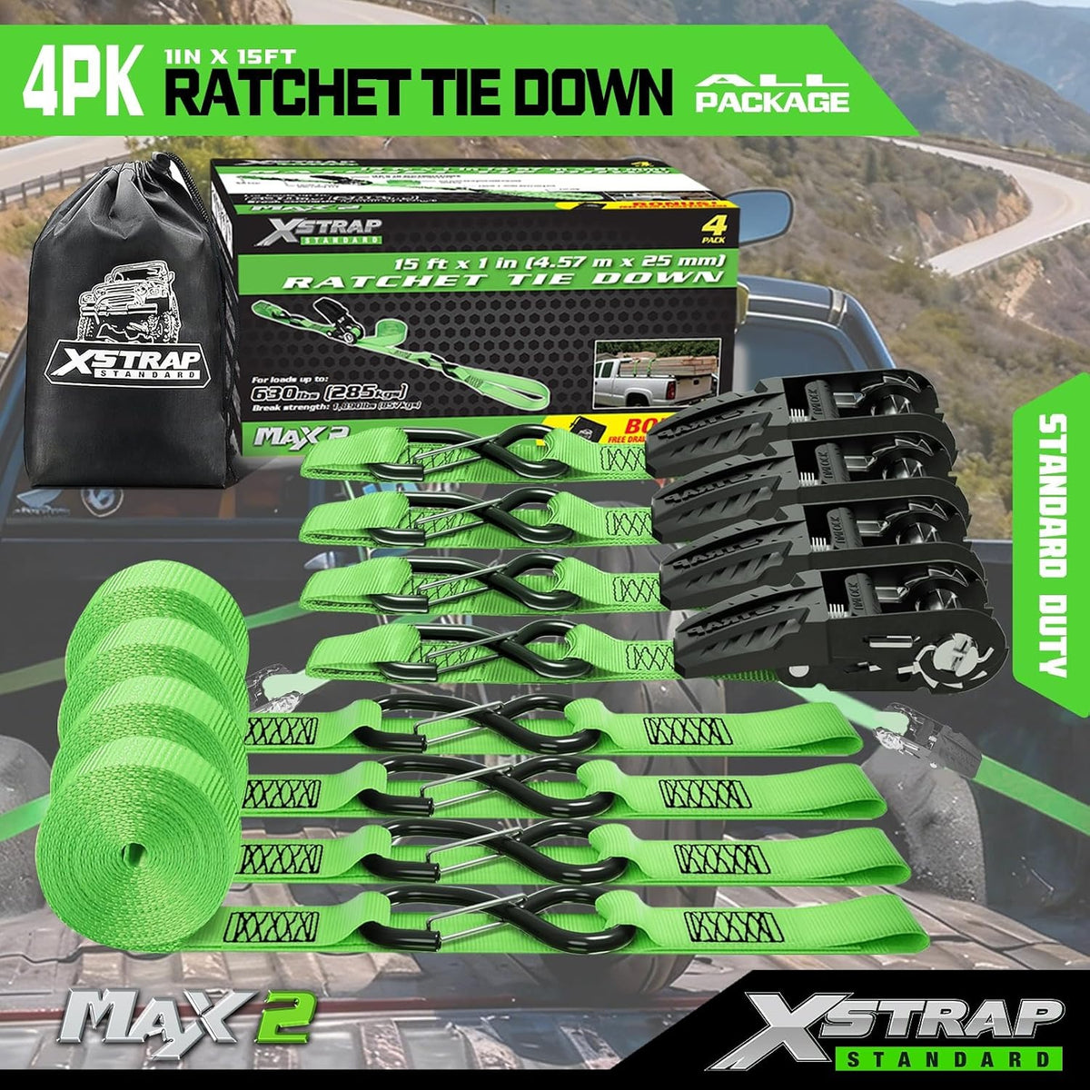 XS11223 1''x15Ft Ratchet Tie Down Straps 4PK, Integrated Soft Loops 2,200 Lbs Break Strength Heavy Duty Padded Handles Ratchet Straps for Kayak Trailer ATV Truck and Moving, Black