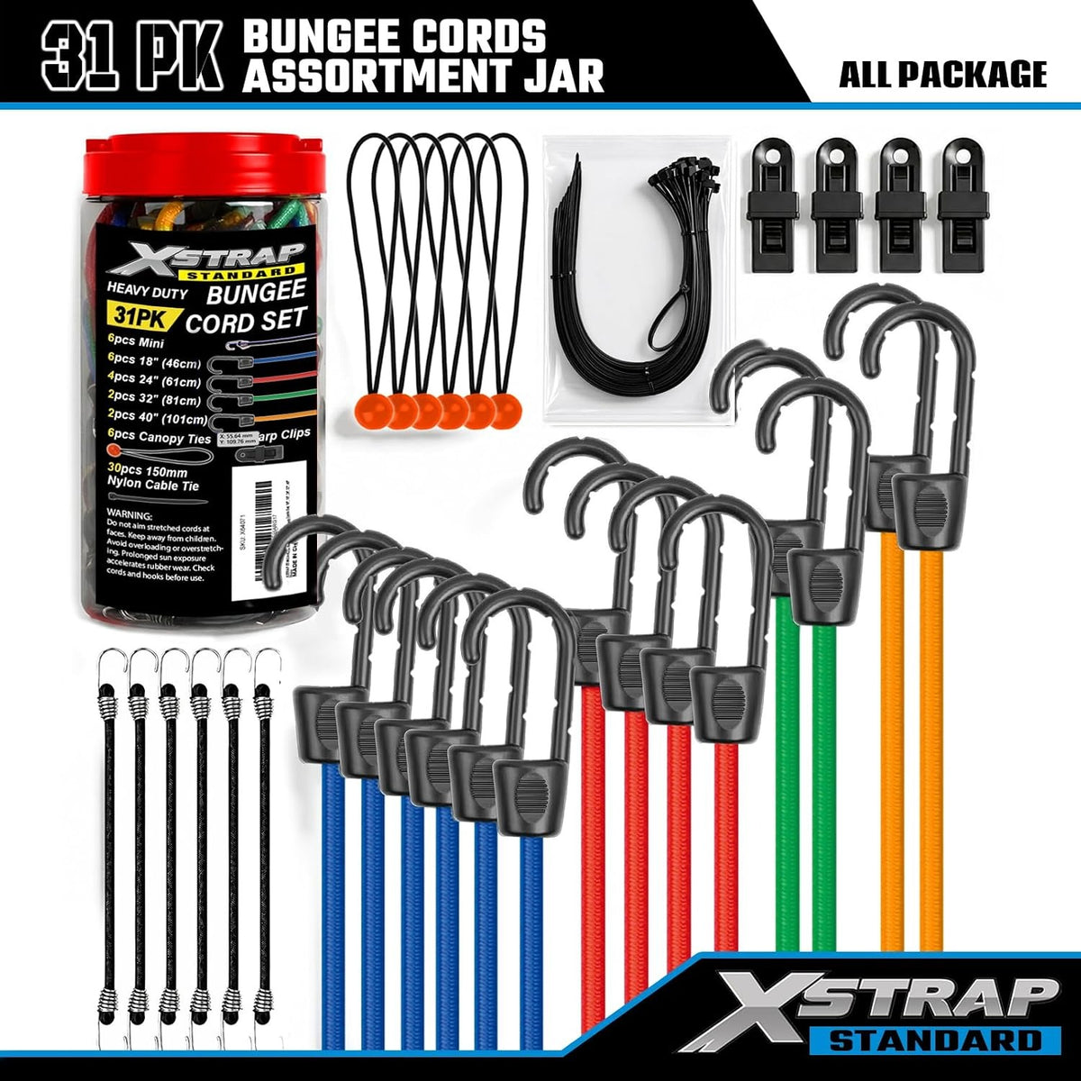X64071 31-Piece Premium Bungee Cords Assortment with Storage Jar Mixed 10”,18”,24”,32”,40” Bungee Cords with Hooks, Bungee Balls, Tarp Clips & Zip Ties for Cargo, RV, Camping & Moving