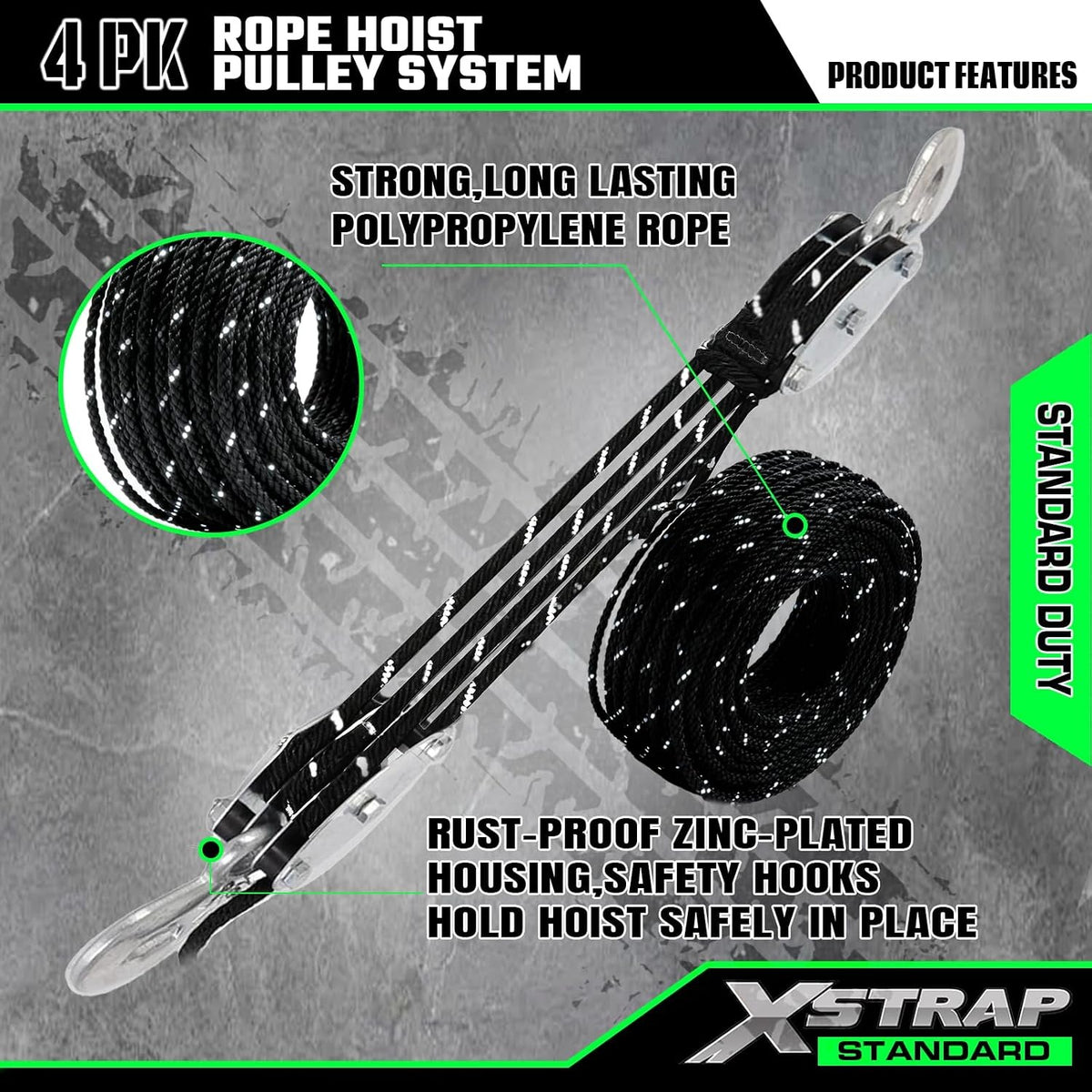 AHLT0001-1  Heavy-Duty 50 FT Reflective Rope Hoist Pulley System, Black 2000Lbs Break Strength, 1 ton wheel block & tackle pulley, includes 2PK 18" soft loops, reflective heavy-duty hoist