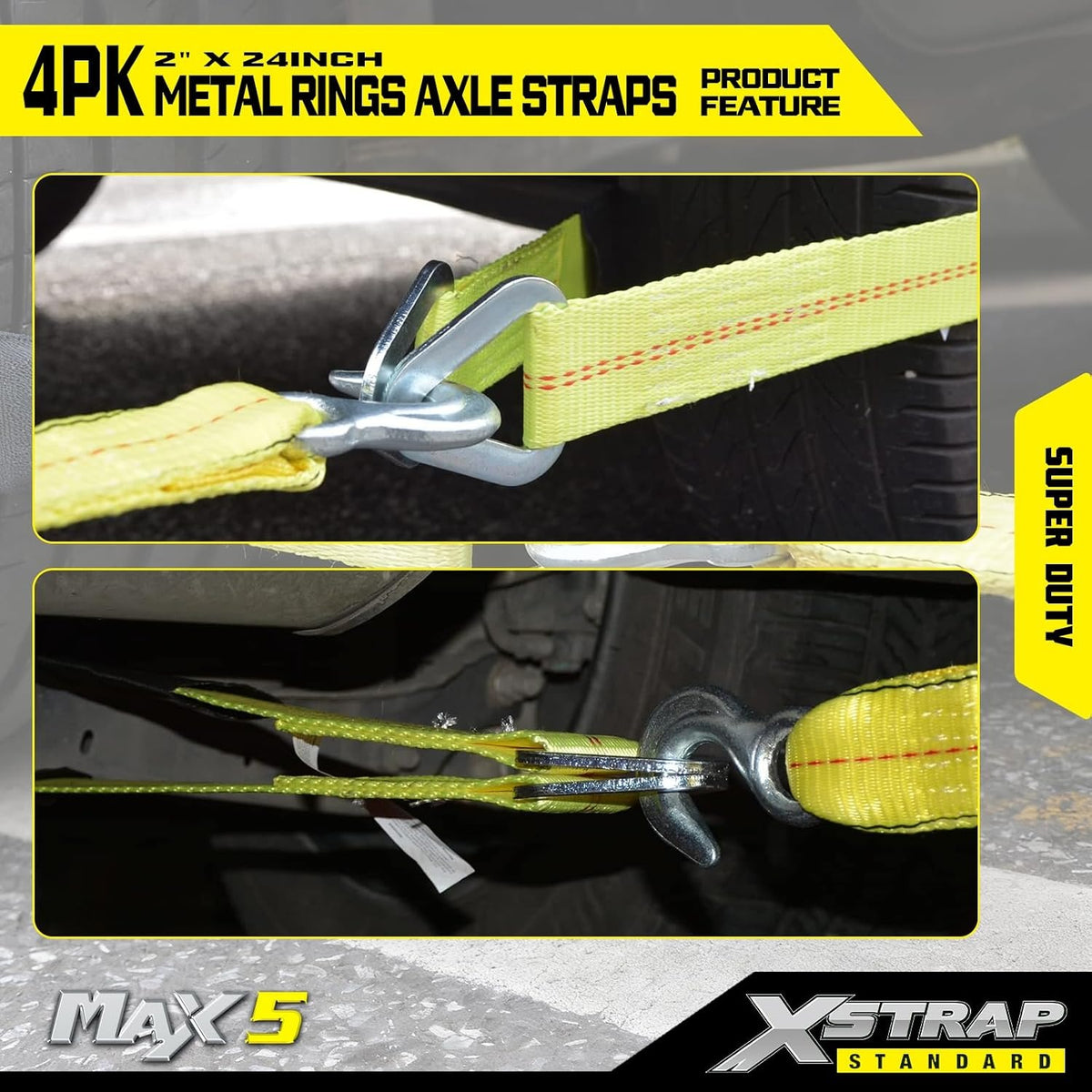 XS20305 4-PK 24" x 2" Axle Straps with Protective Sleeve and D-Ring Tire Wheel Tie Down Straps for Securing Race Car Tow Truck Transport, 3333 Lb. Capacity 10,000 Breaking Strength, Yellow