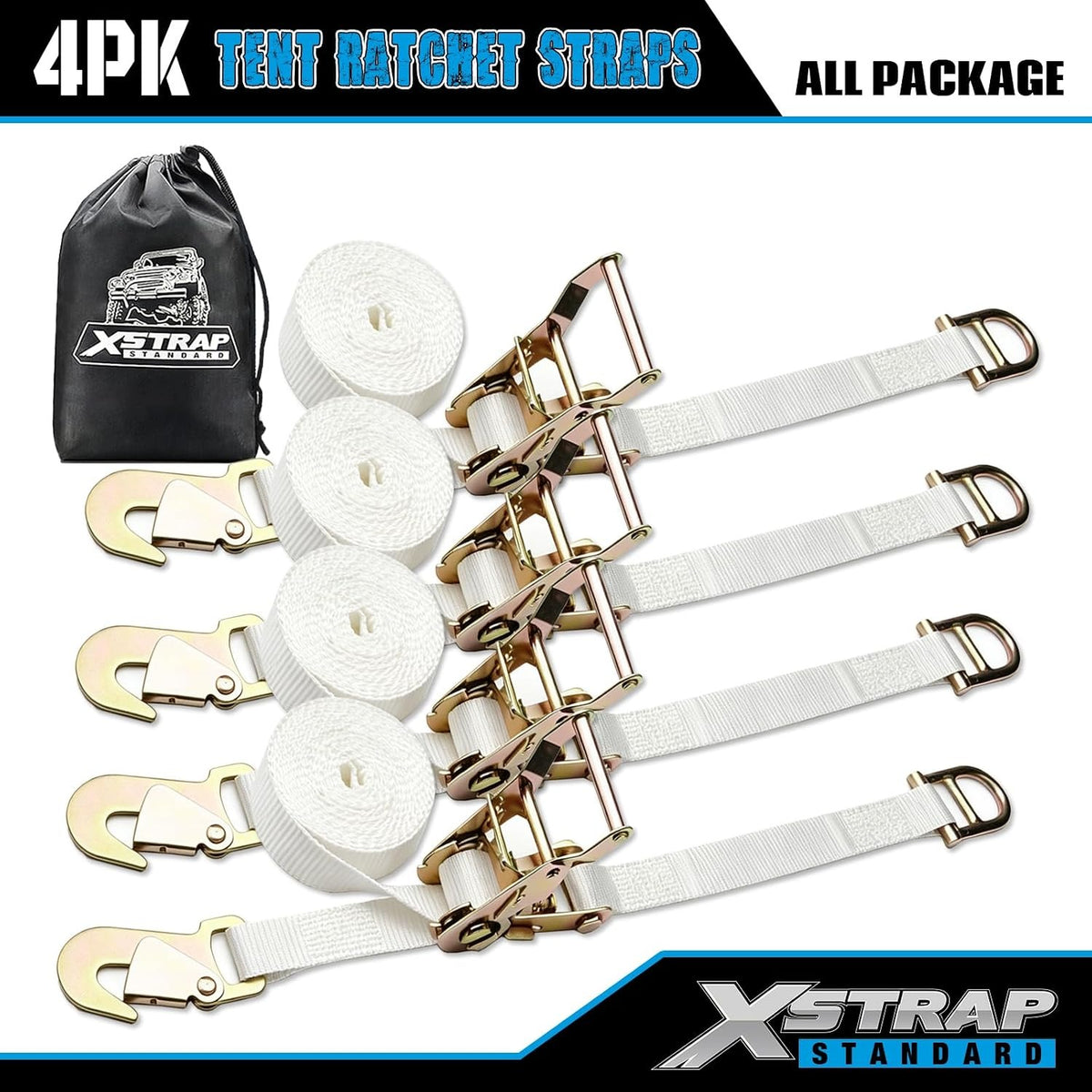 XS16098 4PK 12FT Ratchet Tie Down Tent Straps w/Snap Hook & D-Ring Heavy Duty 2500lbs Breaking Strength 1inch Tie Downs Secure Tents & Canopies for Camping/Events, Durable Polyester Webbing