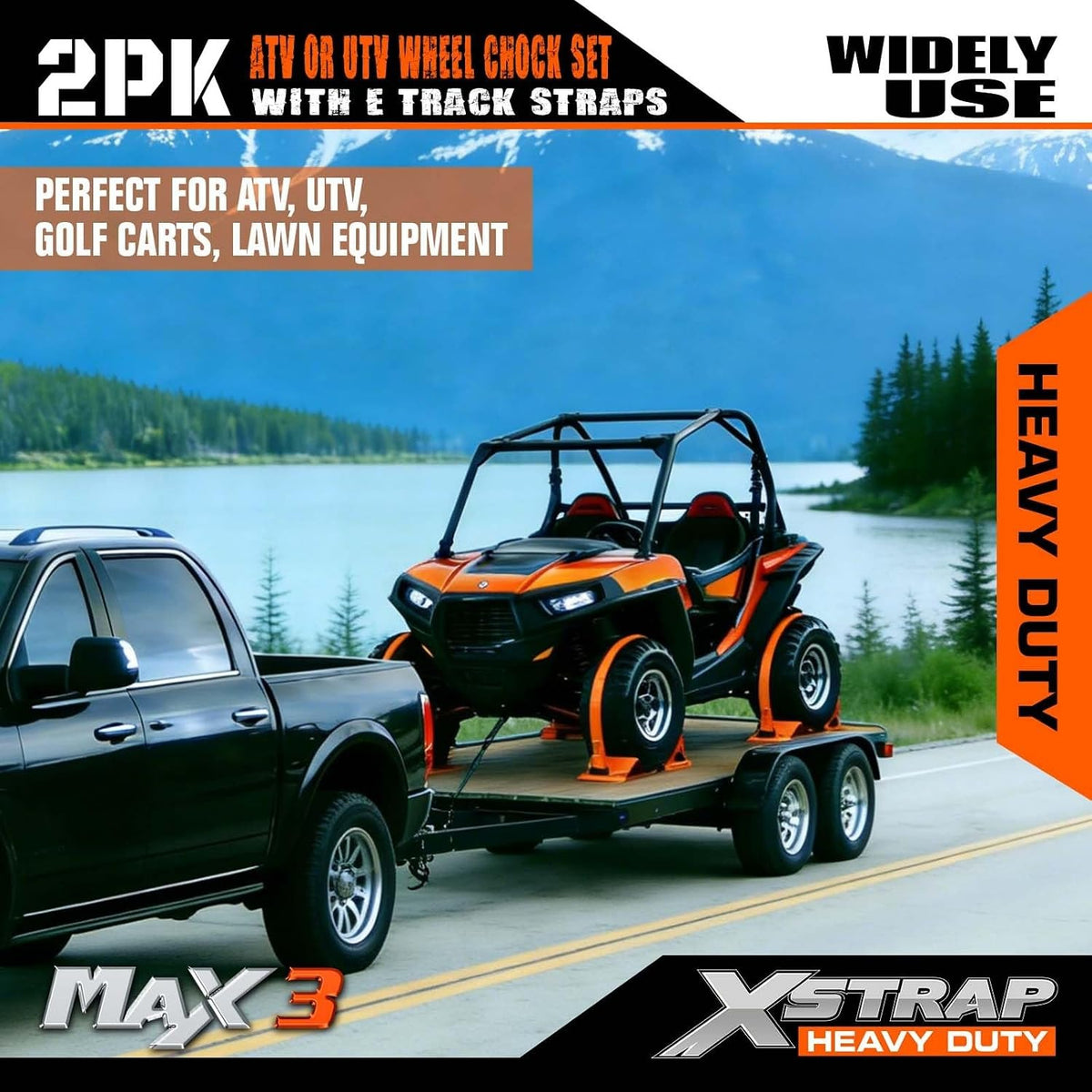 X61803 2-PK Wheel Chock E-Track Tie Down Straps Kit, 2"x9FT, Green 4,400lb Break Strength Over-The-Tire 4 Ratchet Straps with 8 Steel Wheel Chocks for ATV, UTV, Mower, Four Wheeler & Trailer