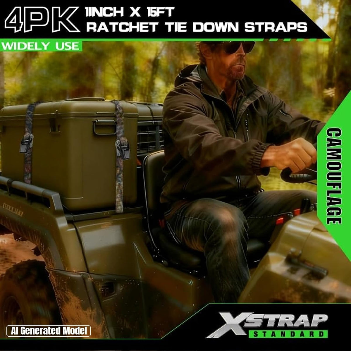 XS11220-Camouflage 4 Pack 1" x 15FT Ratchet Tie Down Straps, Motorcycle Straps, 1890Lbs Break Strength, Abrasion-Resist Webbing with Coated S Hook for Moving Appliances Lawn Equipment ATV Truck, Camouflage