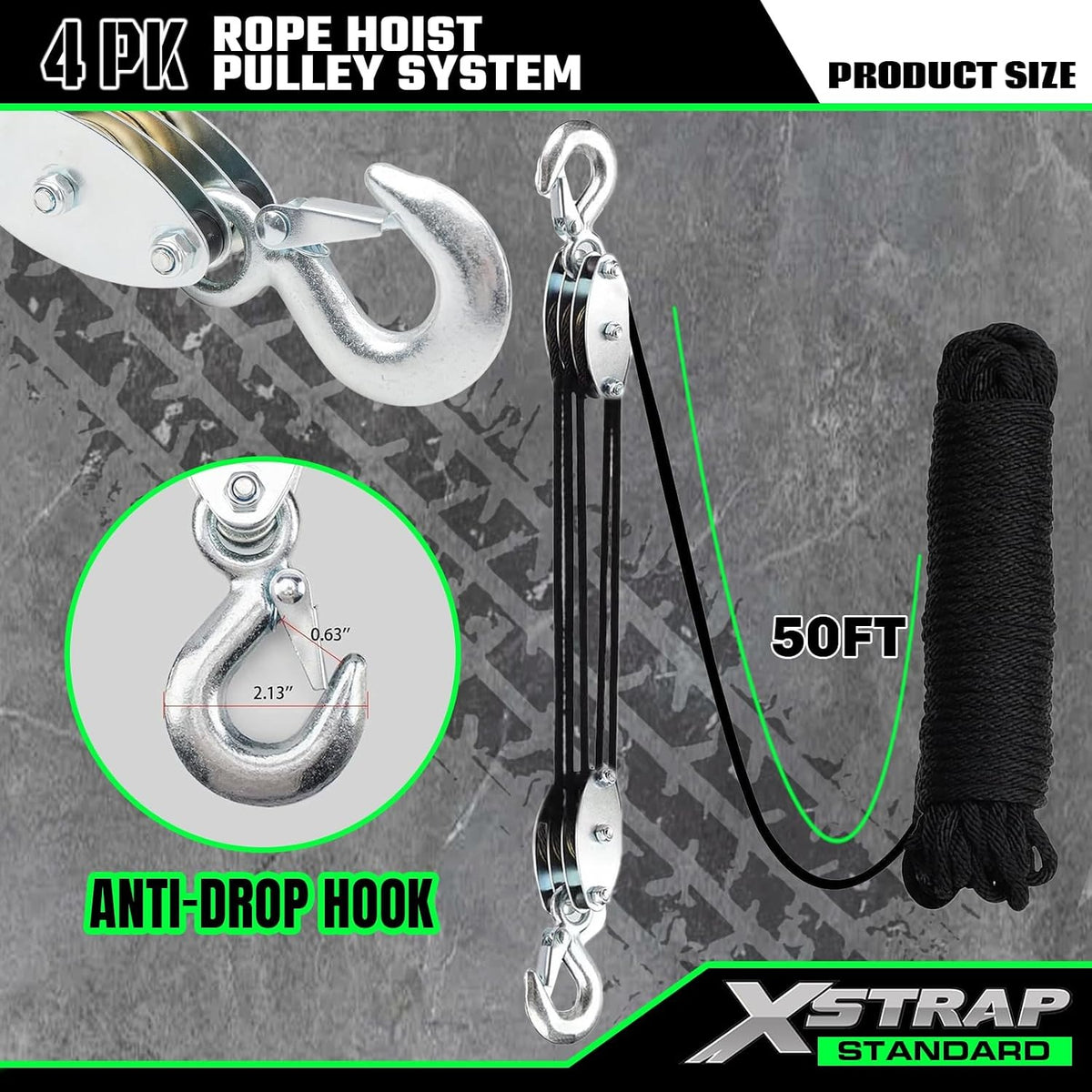 AHLT0001 Heavy-Duty 2,000 LB Breaking Strength 50 FT Rope Hoist 1000Lbs work load, metal wheel bearing pulley for lifting heavy objects, includes 2 soft loops, heavy-duty rope hoist (Black)