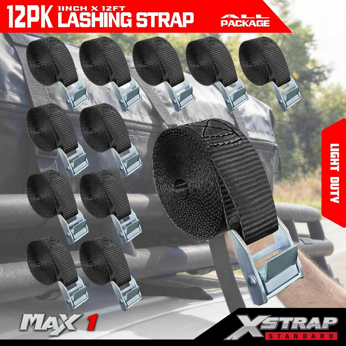 XS61093 Cambuckle Tie Down Strap 12-PK 1" x12' Cargo Lashing Straps 1000 lb Break Strength 1-inch Powersports Tie Down with Carry Bag for Securing Luggage Motorcycles Trailer Rack Kayak, Black