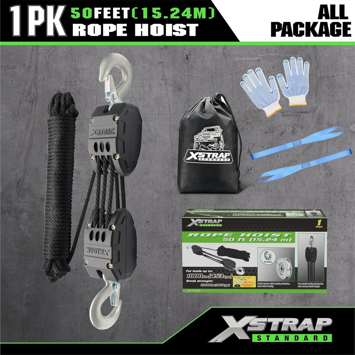 AHLT0003-Black 50FT Rope Hoist Pulley Block & Tackle 5:1 System, Black 1000 Working Load, 2000 LB Break Strength, 50 FT Rope Hoist with 2 Soft Loops for Garage, Hunting & DIY Attic Lift
