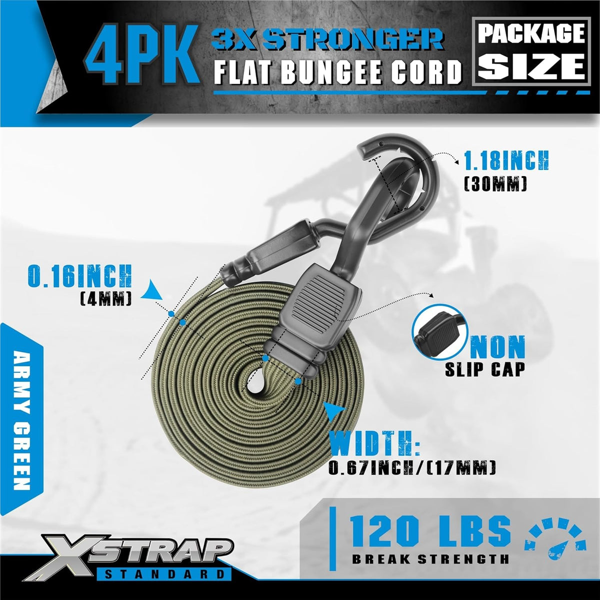 XS16031-Army Green 4 PCS 77 Inch Flat Bungee Cords with Hooks Heavy Duty Army Green Bungee Straps for Bike Rack, Cargo, Luggage, Camping, Trunk Cargo and Outdoor Gear Securing