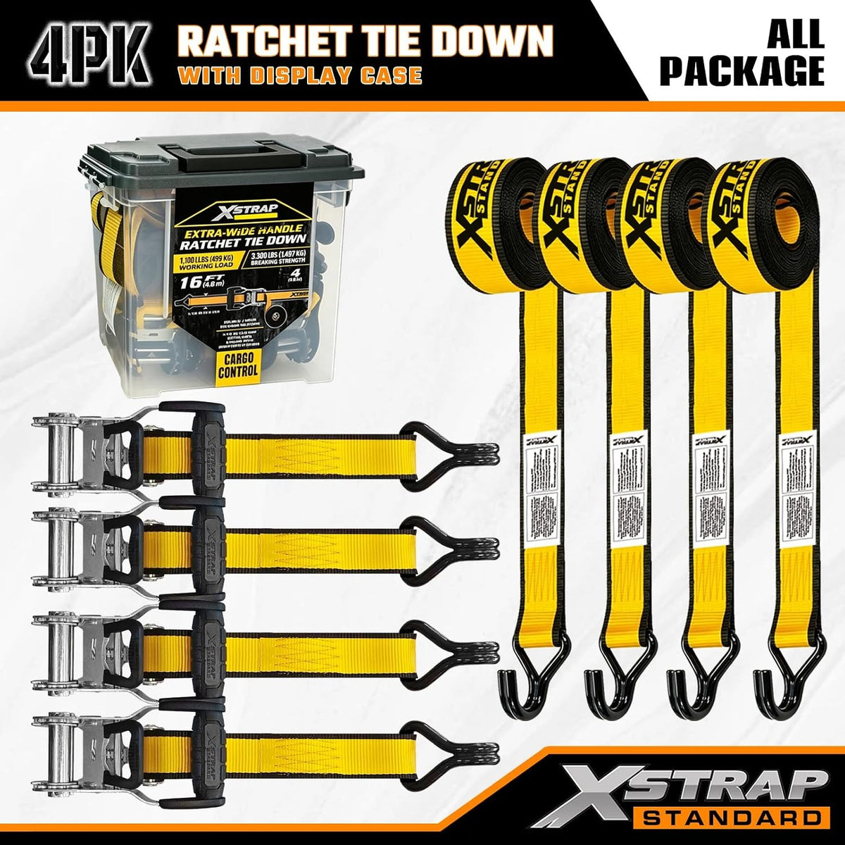 XS66118 4-Pack Heavy Duty 1.5" x 16ft Ratchet Tie Down Cargo Straps 1.5"x16FT Motorcycle Straps with Double J Hooks with Ergonomic T-Handle, 3300 lbs Break Strength for Truck, ATV, Trailer, UTV