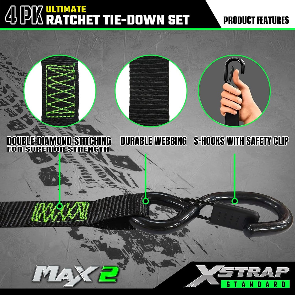 X61795B 4PK 1"x15ft Motorcycle Ratchet Tie Down Straps with S-Hooks 2,200 Lbs Break Strength Heavy Duty Padded Handles Ratchet Straps for Kayak Trailer ATV Truck and Moving, Black