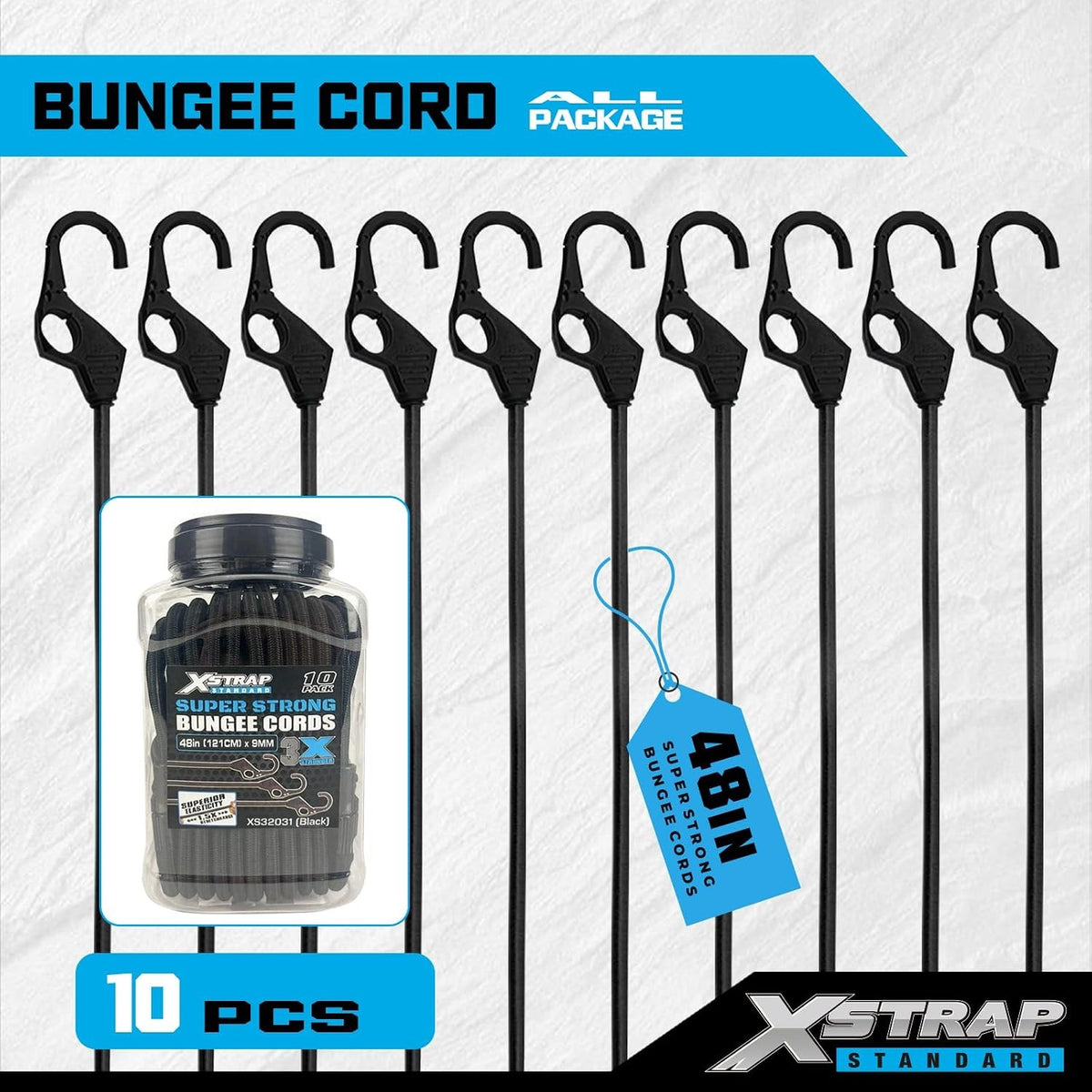 XS32031-Black 10PK 48" Heavy Duty Rubber Bungee Cords w/Finger-Hole Hooks Enhanced 3X Strength, Elastic Stretch from 48" to 72" for Securely Fastening Cargo Auto Truck RV Boat & Garage Organization