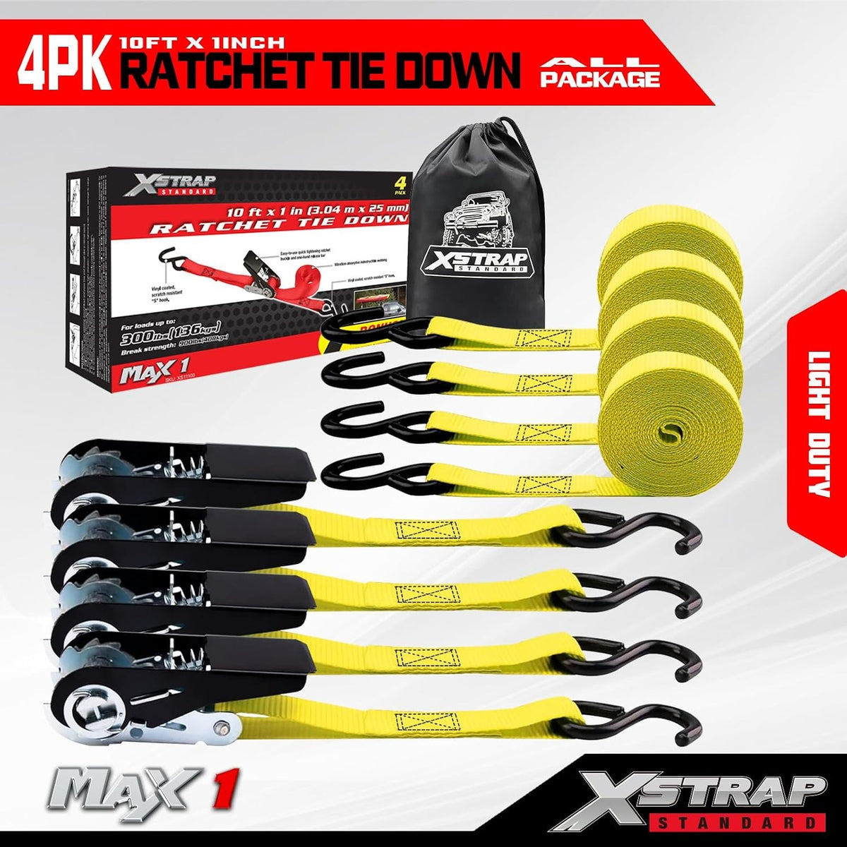 XS11100-1-Yellow 4-PK Ratchet Tie Down Straps, 1" x 10FT Cargo Straps,  900 Lbs Break Strength Securing Straps with S-Hook for UTV, ATV, Pickup,Truck, Moving Appliances, Lawn Equipment（副本）（副本）（副本）（副本）