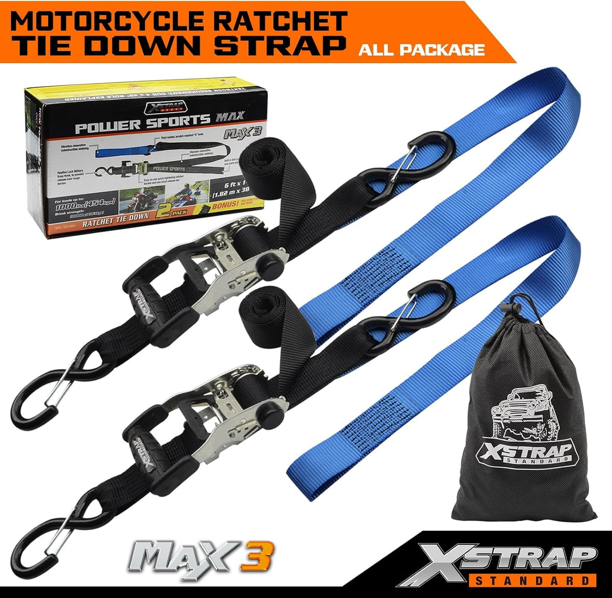 XS13501 2 Pack 1.5" x 6FT Ratchet Tie Down Straps with Lock S Hooks 1000Lbs Load Cap, 3000Lb Break Strength, Soft Loops & Safety Clip Hooks Cargo Straps for Motorcycle, ATV, Kayak, Black