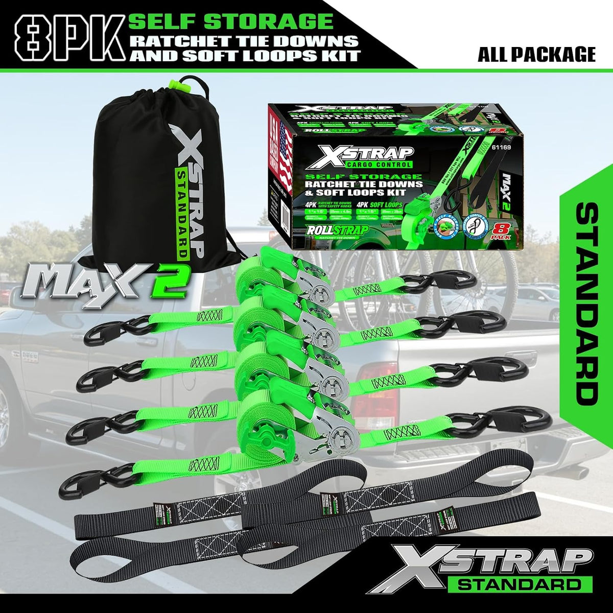 X61169 4-PK 1" x 15ft Self-Storing Ratchet Tie Down Straps, Green 1500 lbs Break Strength Hand Crank Cargo Straps with Soft Loops & Safety S Hooks for Truck Trailer Motorcycle Van ATV UTV