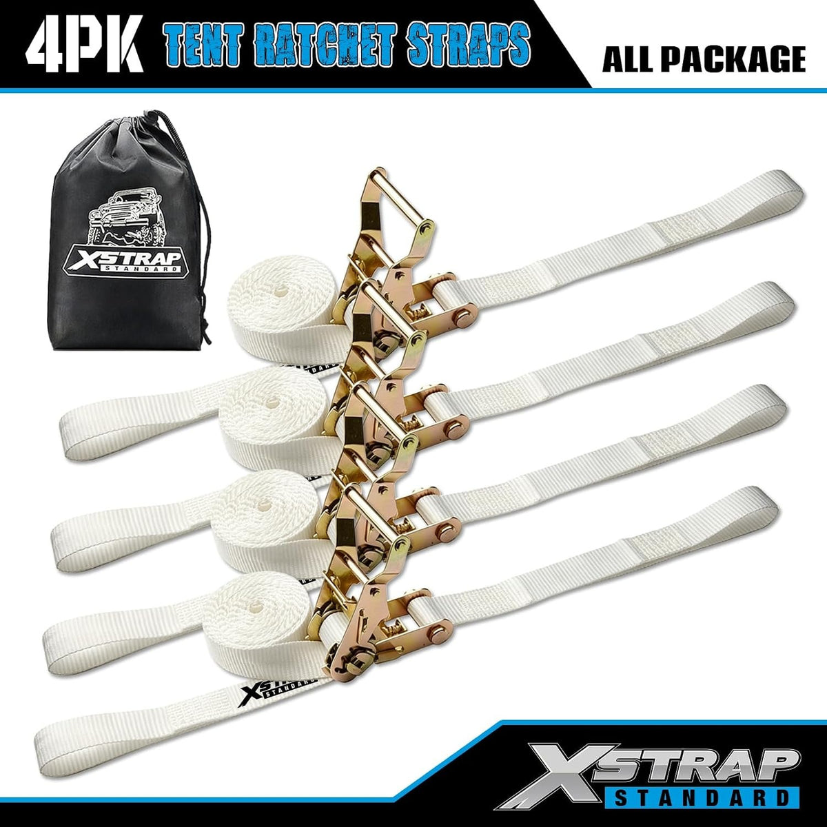 XS16099 4PK 1" × 12' Ratchet Tent Straps w/Loop End Tie Down Strap, Heavy Duty 2500lbs Breaking Strength, Secure Tents & Canopies for Camping/Events, Tie Down Straps, Durable Polyester Webbing