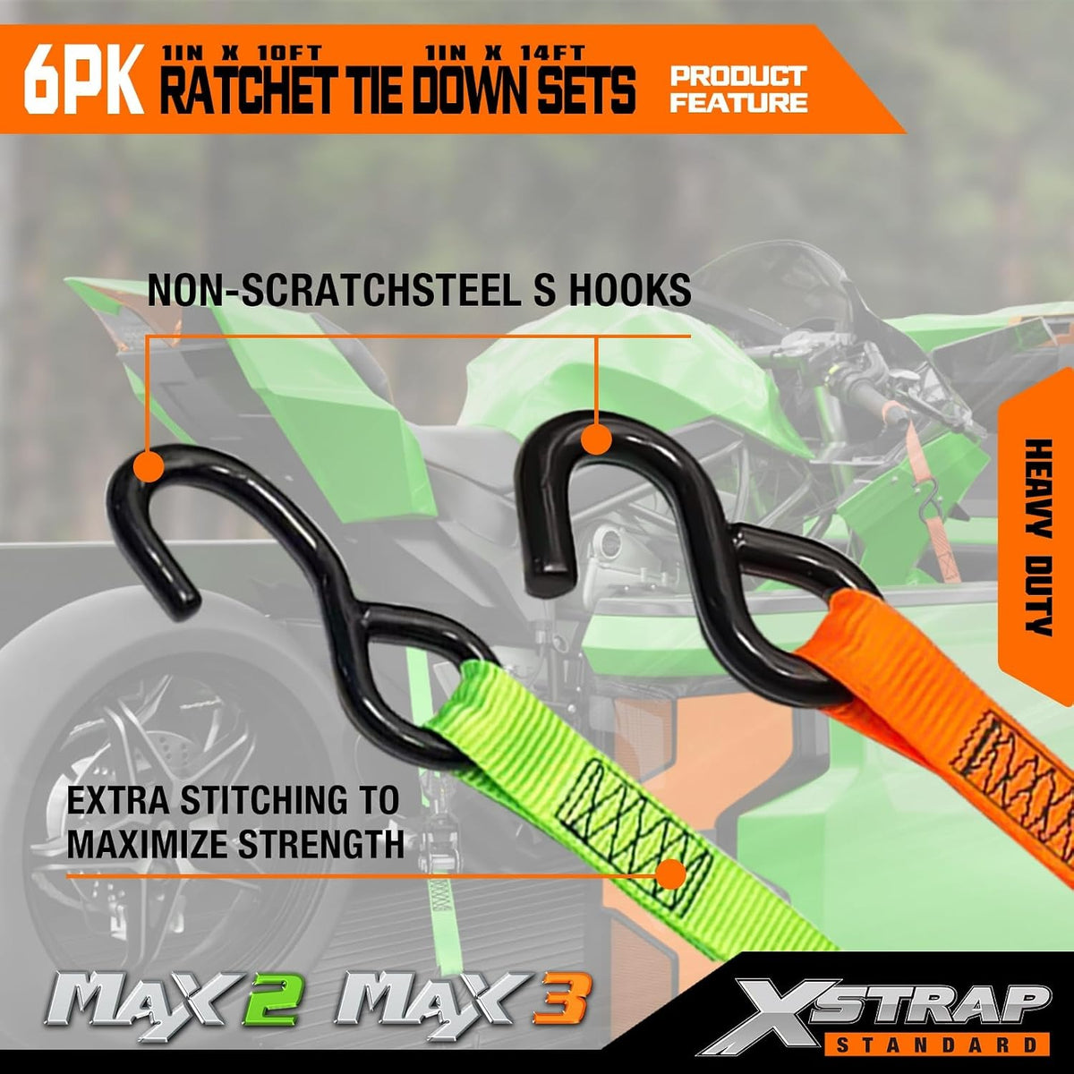 66105B 6-PK Ratchet Tie Down Straps, Heavy Duty Motorcycle Straps 1 Inch 4 x 14ft & 2 x 10ft Tie-down, 3300 lbs Break Strength Cargo Straps with Coated S-Hooks for Moving, Truck, UTV, Trailer