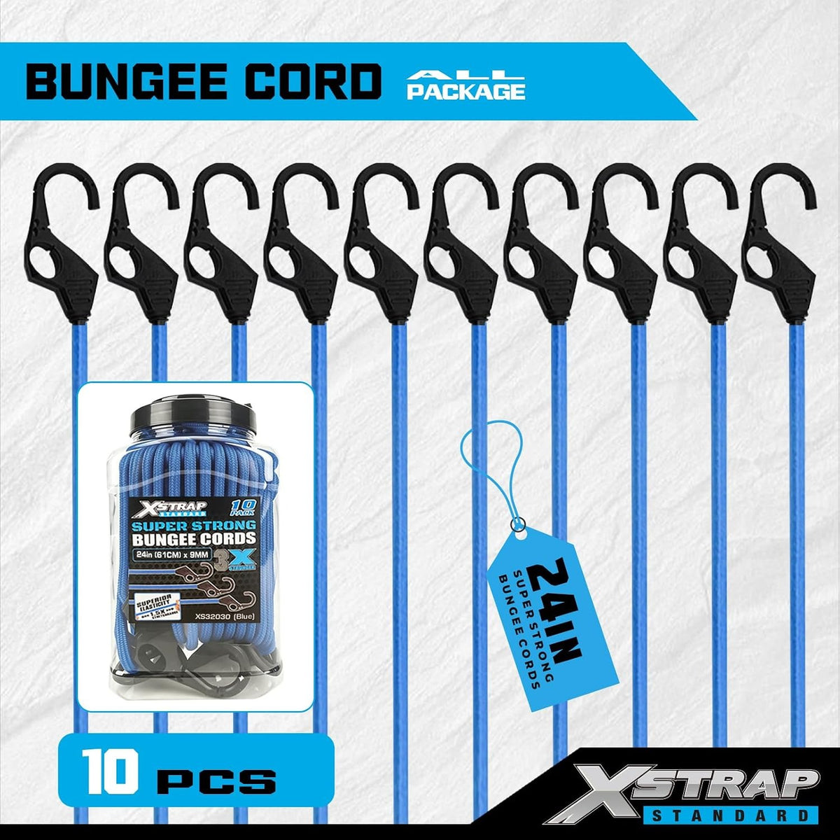 XS32030-Blue 10PK 24inch Heavy Duty Bungee Cords with Finger-Hole Hooks Premium Blue Rubber Elastic Bungee Straps Multipurpose Tie Downs for Camping Truck Bike Tents Luggage & Moving Cargo Storage
