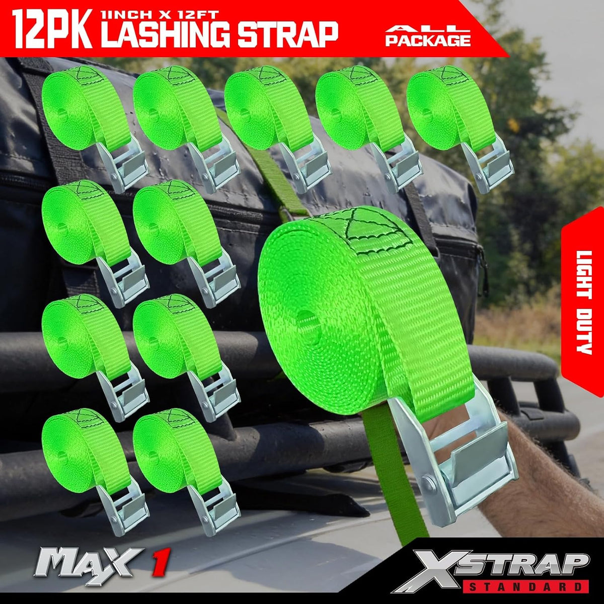 XS61095 Cambuckle Tie Down Strap 12-PK 1" x12' Cargo Lashing Straps 1000 lb Break Strength 1-inch Powersports Tie Down with Carry Bag for Securing Luggage Motorcycles Trailer Rack Kayak, Green