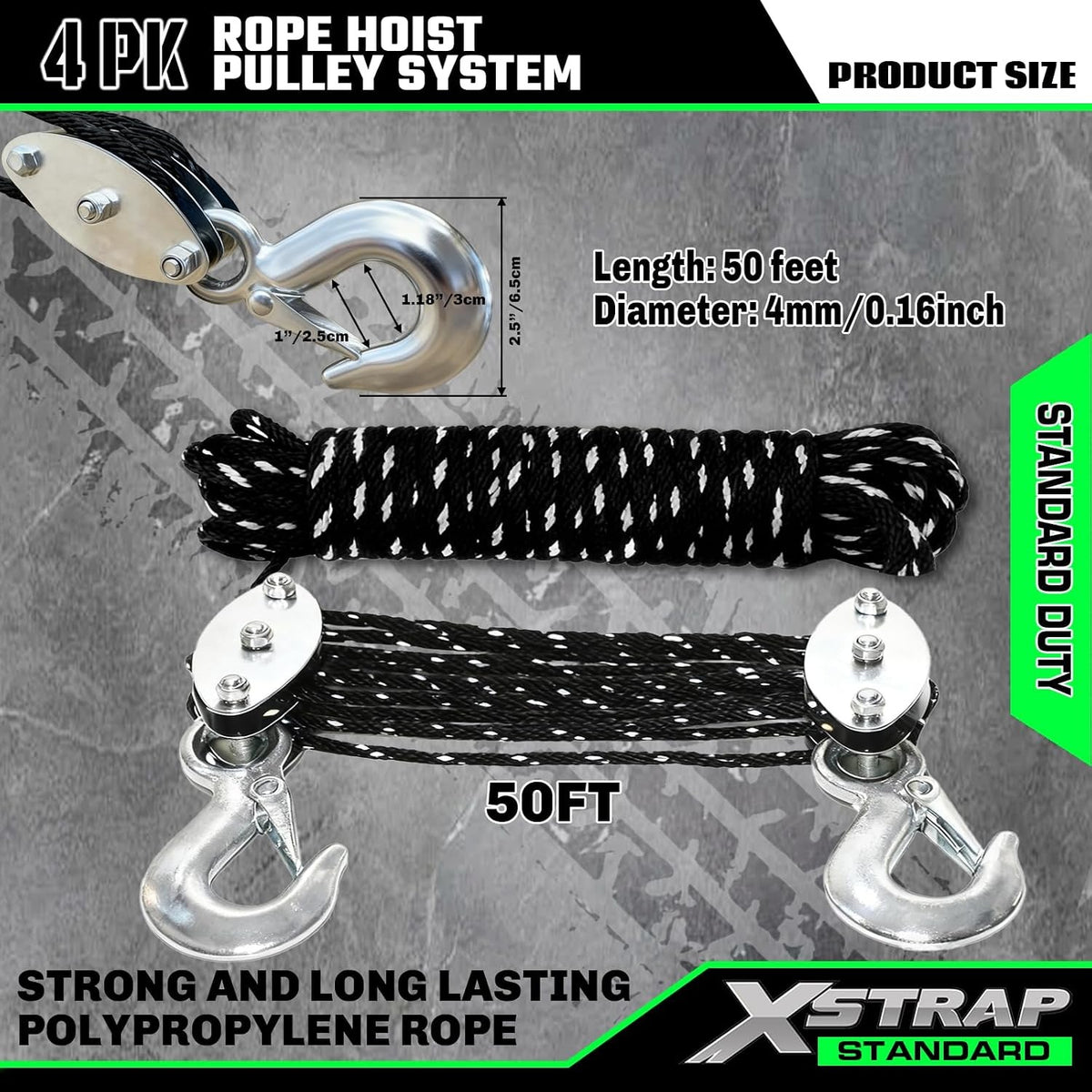 AHLT0001-1  Heavy-Duty 50 FT Reflective Rope Hoist Pulley System, Black 2000Lbs Break Strength, 1 ton wheel block & tackle pulley, includes 2PK 18" soft loops, reflective heavy-duty hoist