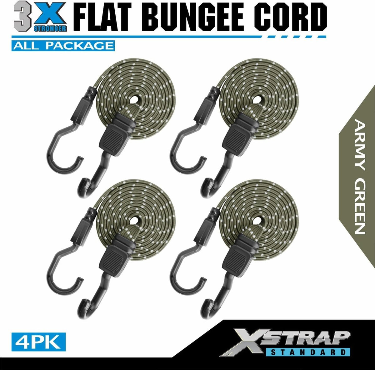 XS16031-4PCS Reflectlight 4 PCS 77 Inch Flat Reflective Bungee Cords with Hooks Heavy Duty Army Green Bungee Straps for Bike Rack, Cargo, Luggage, Camping, Trunk Cargo and Outdoor Gear Securing