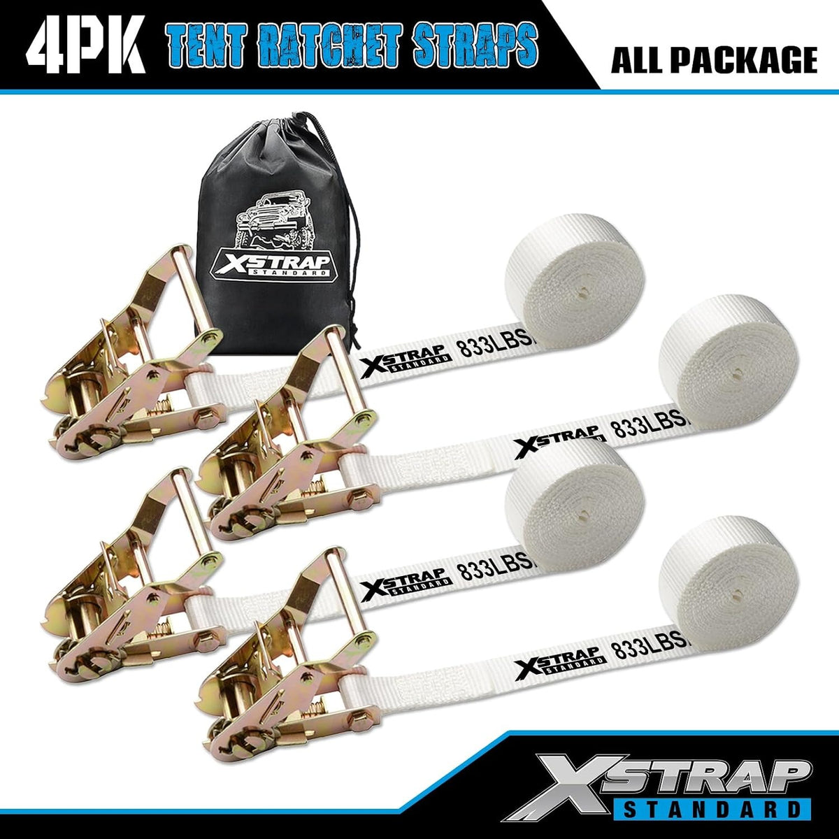 XS16100 4PK 1" × 10FT Ratchet Tie Down White Tent Securing Straps, 2500lbs Breaking Strength Heavy Duty Endless Moving Straps, Track Spring Fittings, Tie Downs for Tents/Trailers/Kayaks/Truck