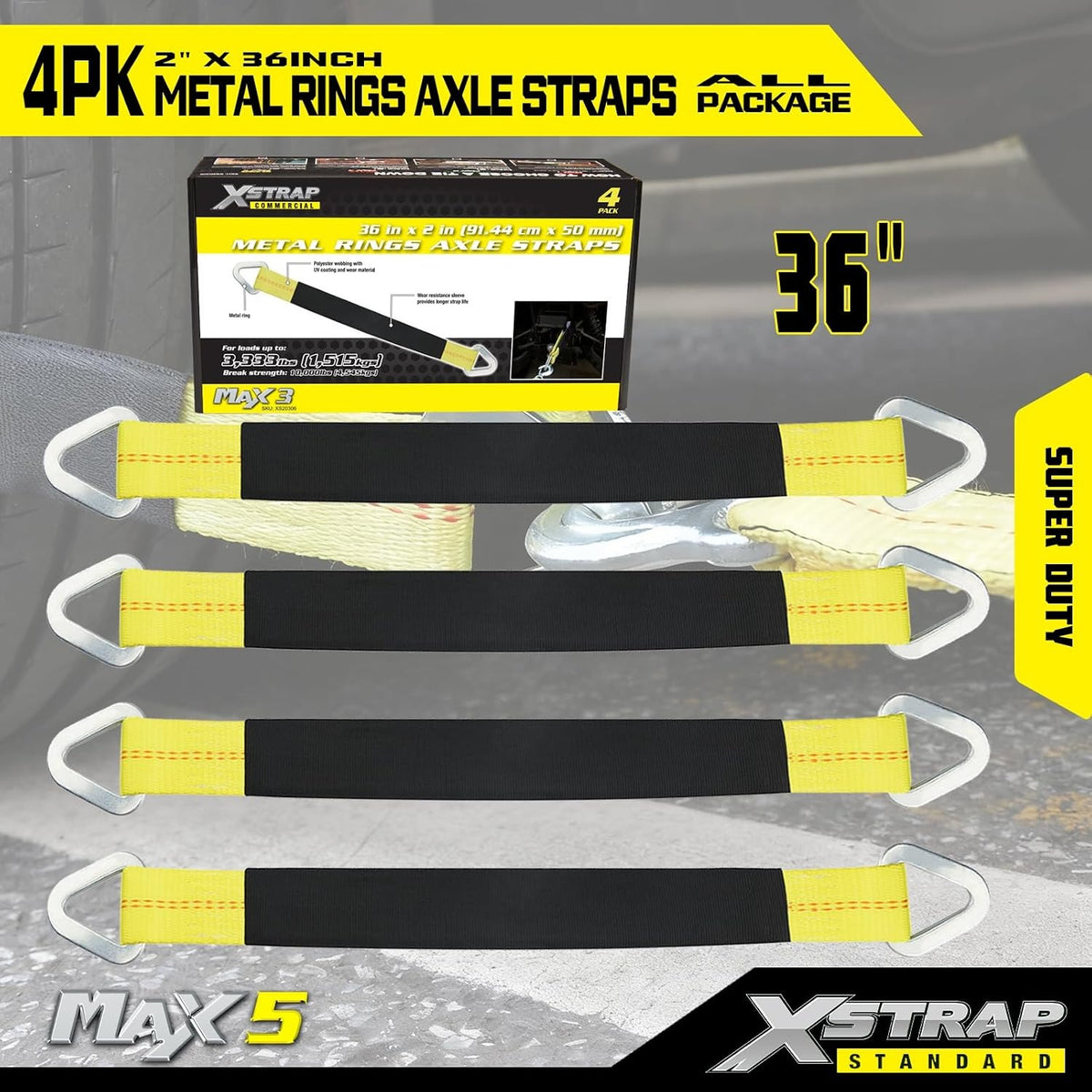 XS20306 4-PK 36" x 2" Axle Straps with Protective Sleeve and D-Ring Tire Wheel Tie Down Straps for Securing Race Car Tow Truck Transport, 3333 Lb. Capacity 10,000 Breaking Strength, Yellow