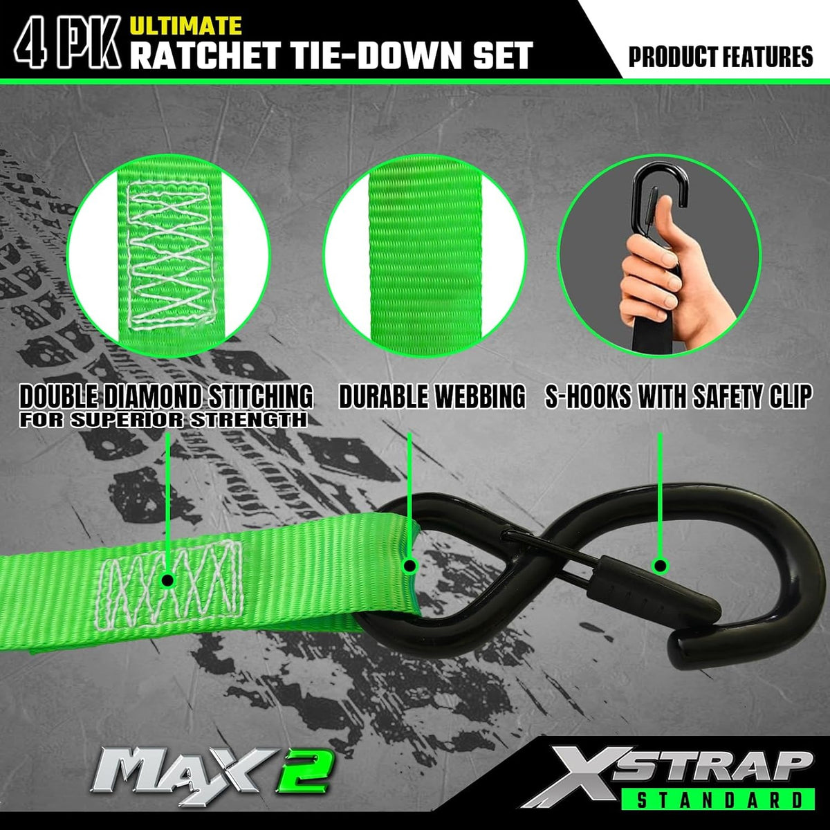 X61795 4PK 1"x15ft Motorcycle Ratchet Tie Down Straps with S-Hooks 2,200 Lbs Break Strength Heavy Duty Padded Handles Ratchet Straps for Kayak Trailer ATV Truck and Moving, Black