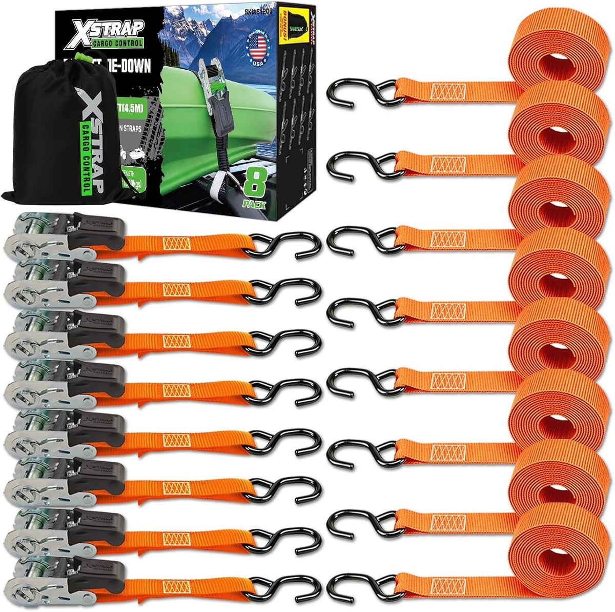 XS61206-Orange  Ratchet Straps Motorcycle Tie Downs, 8-Pack 1" x 15FT，1500 Lbs Break Strength, Rubber Handle & Coated S-Hook Lashing Straps for Moving ATV Dirt Bike Cargo Trailer Lawn Equipment（副本）