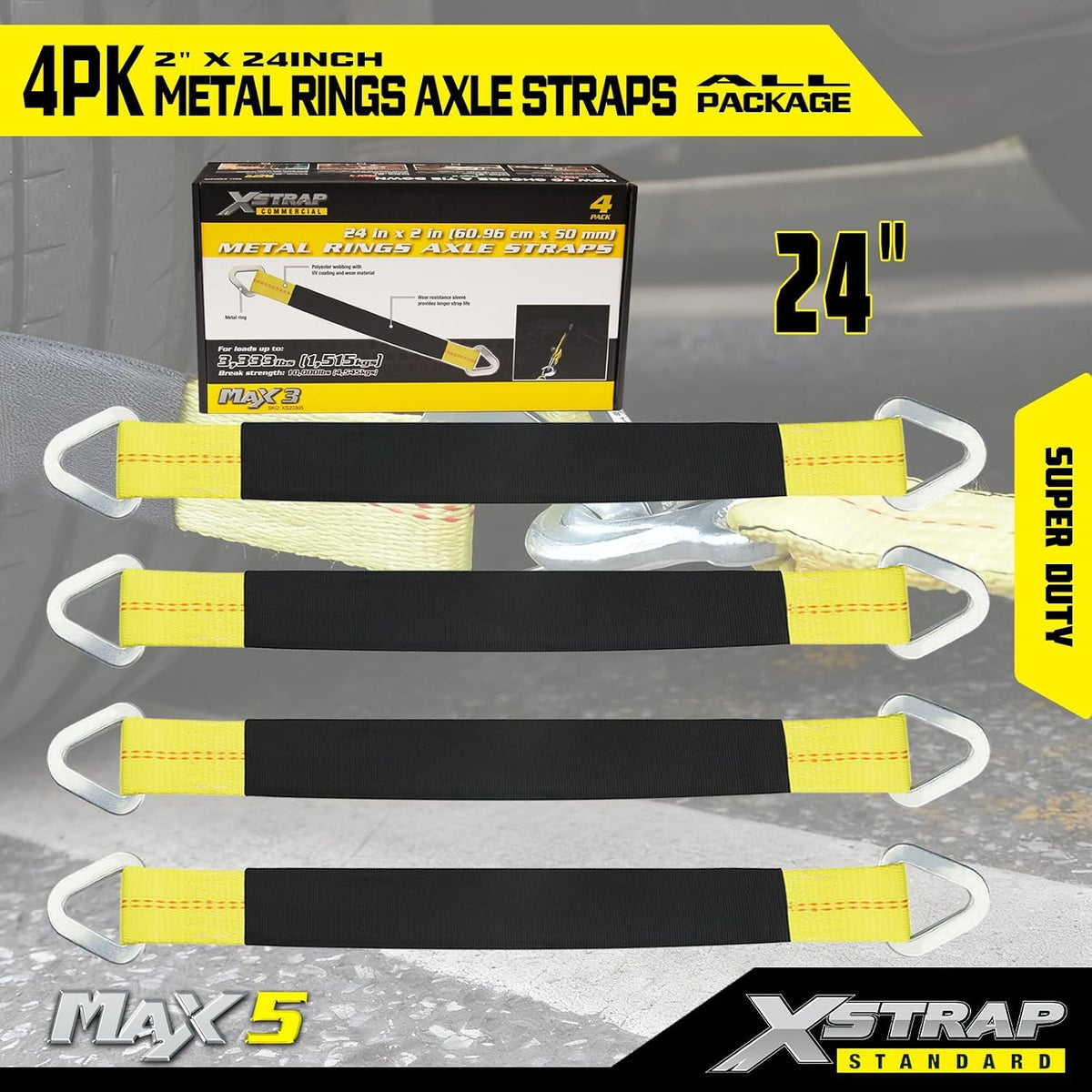 XS20305 4-PK 24" x 2" Axle Straps with Protective Sleeve and D-Ring Tire Wheel Tie Down Straps for Securing Race Car Tow Truck Transport, 3333 Lb. Capacity 10,000 Breaking Strength, Yellow