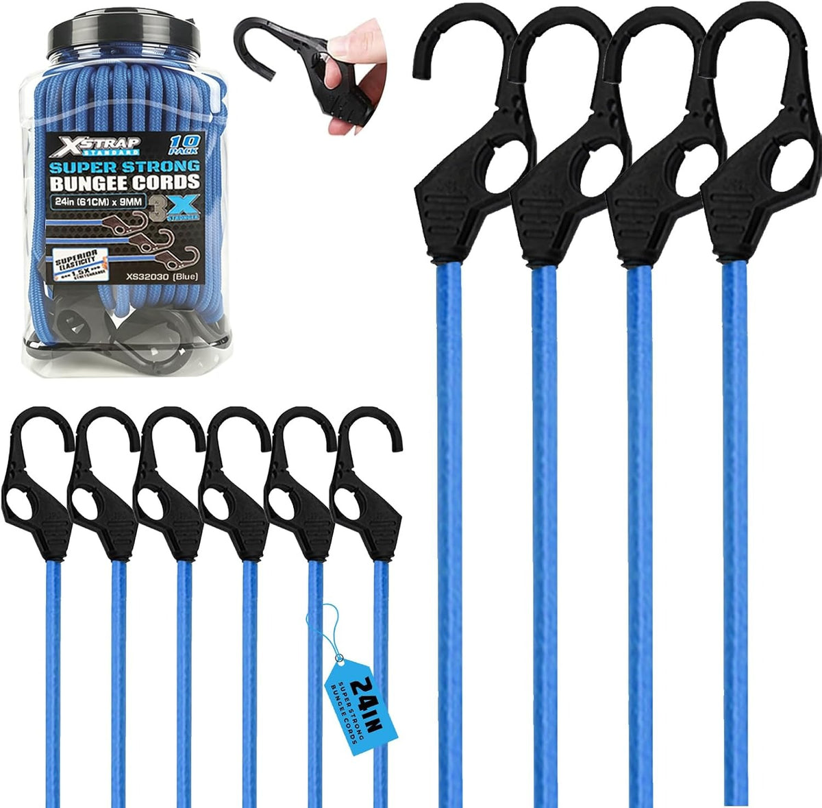XS32030-Blue 10PK 24inch Heavy Duty Bungee Cords with Finger-Hole Hooks Premium Blue Rubber Elastic Bungee Straps Multipurpose Tie Downs for Camping Truck Bike Tents Luggage & Moving Cargo Storage
