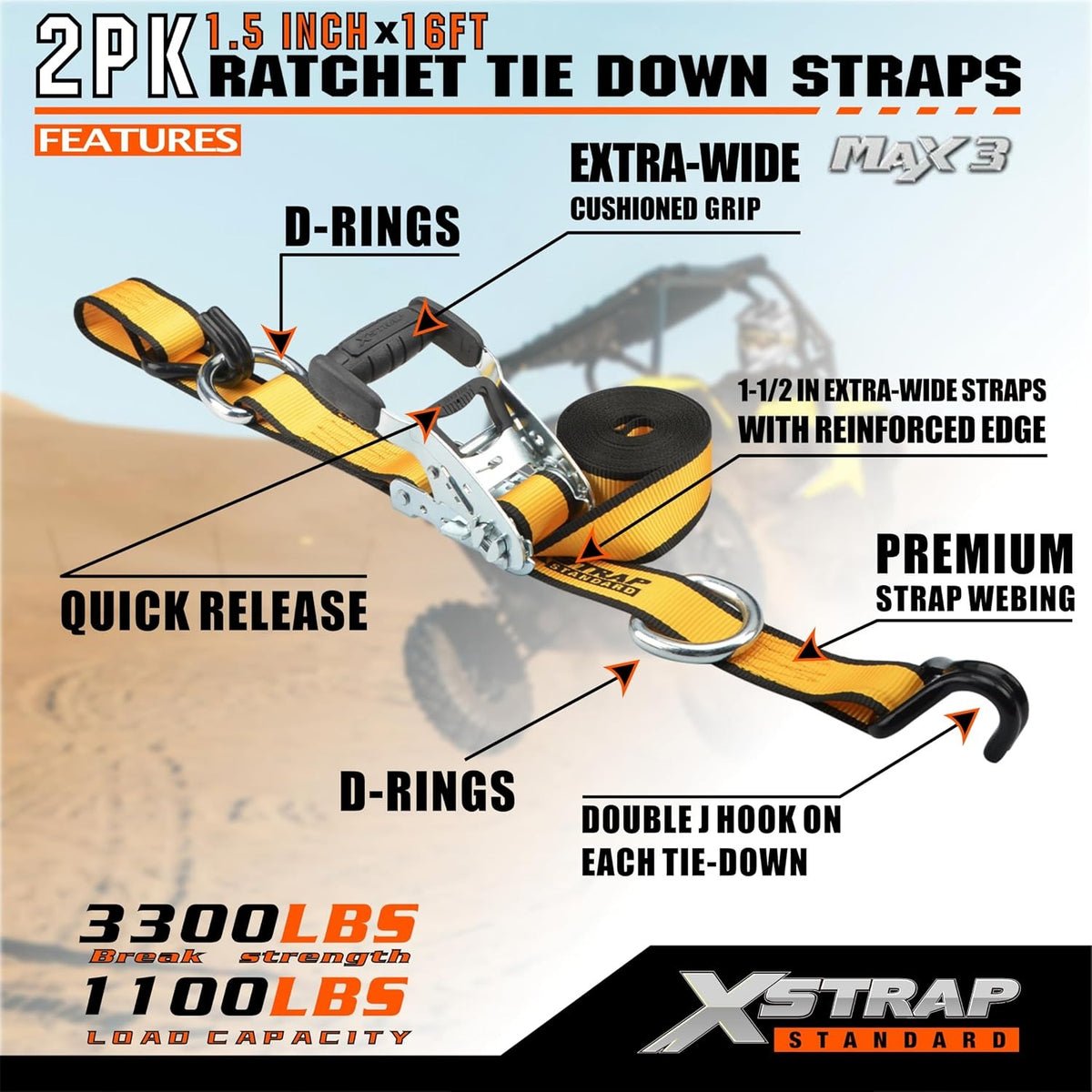 XS16092-2Y 2 Pack 1.5" x 16Ft Ratchet Tie Down Straps w/Double J Hook 3,300 lb Break Strength, Heavy Duty Tie Down Straps for ATV, UTV, Truck, Motorcycle & Cargo Hauling, , Kayak, Trailer, Yellow