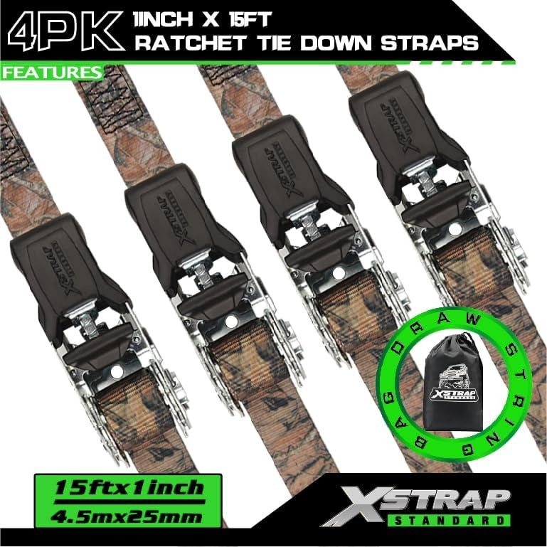 XS11220-Camouflage 4 Pack 1" x 15FT Ratchet Tie Down Straps, Motorcycle Straps, 1890Lbs Break Strength, Abrasion-Resist Webbing with Coated S Hook for Moving Appliances Lawn Equipment ATV Truck, Camouflage