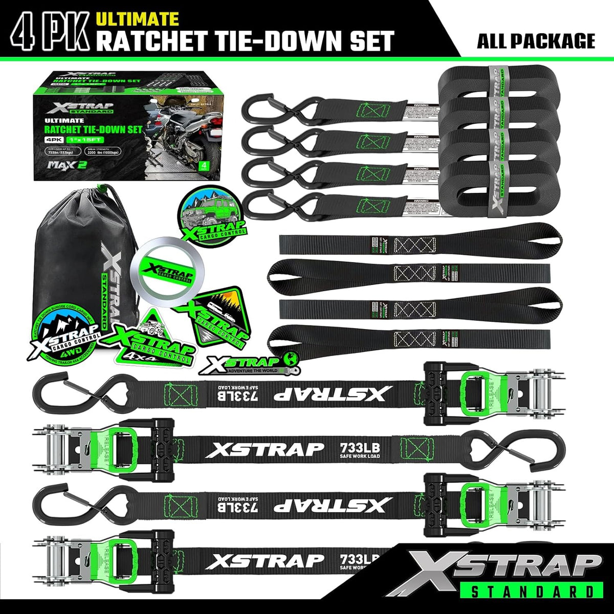 X61795B 4PK 1"x15ft Motorcycle Ratchet Tie Down Straps with S-Hooks 2,200 Lbs Break Strength Heavy Duty Padded Handles Ratchet Straps for Kayak Trailer ATV Truck and Moving, Black