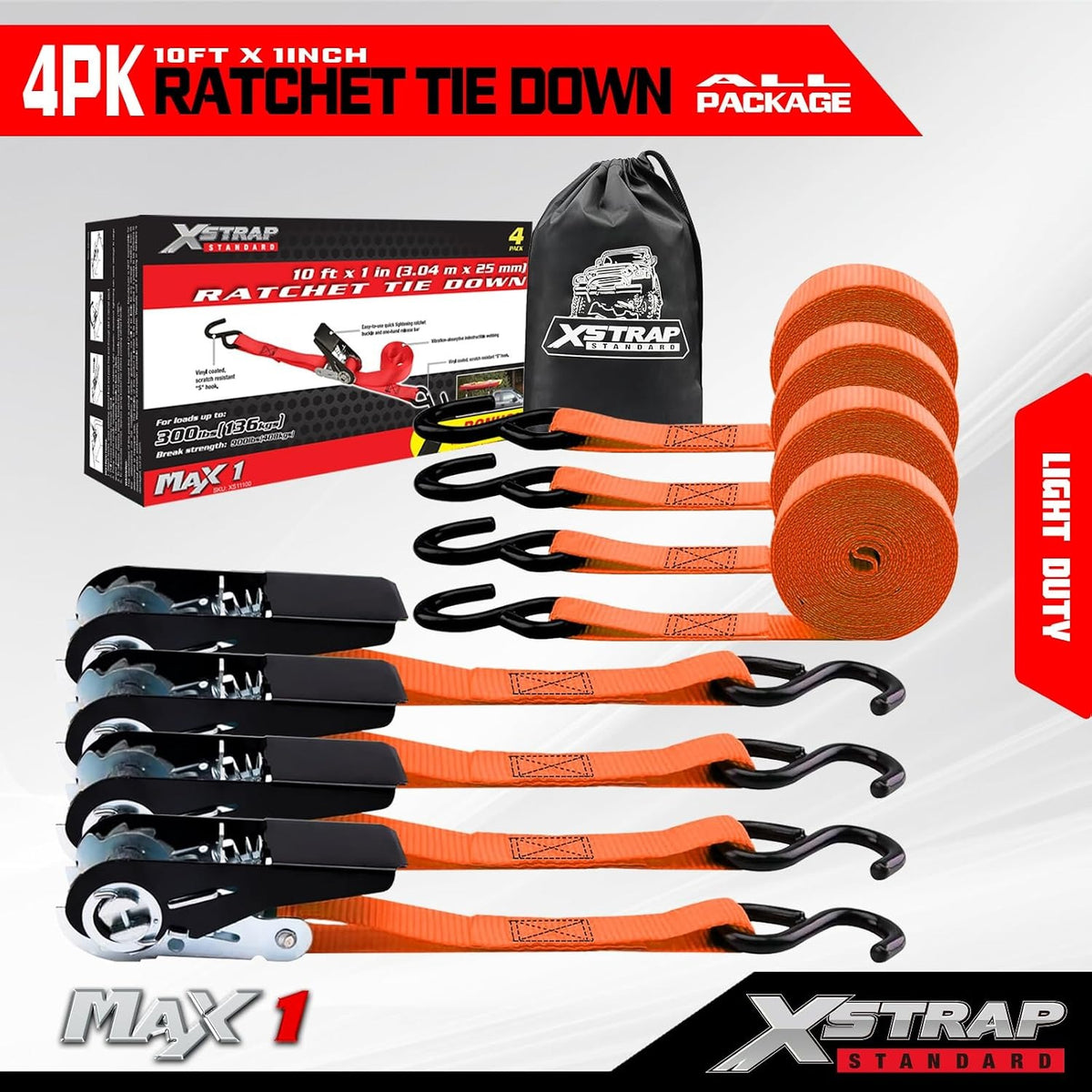 XS11100-Orange 4-PK Ratchet Tie Down Straps, 1" x 10FT Cargo Straps,  900 Lbs Break Strength Securing Straps with S-Hook for UTV, ATV, Pickup,Truck, Moving Appliances, Lawn Equipment（副本）（副本）（副本）