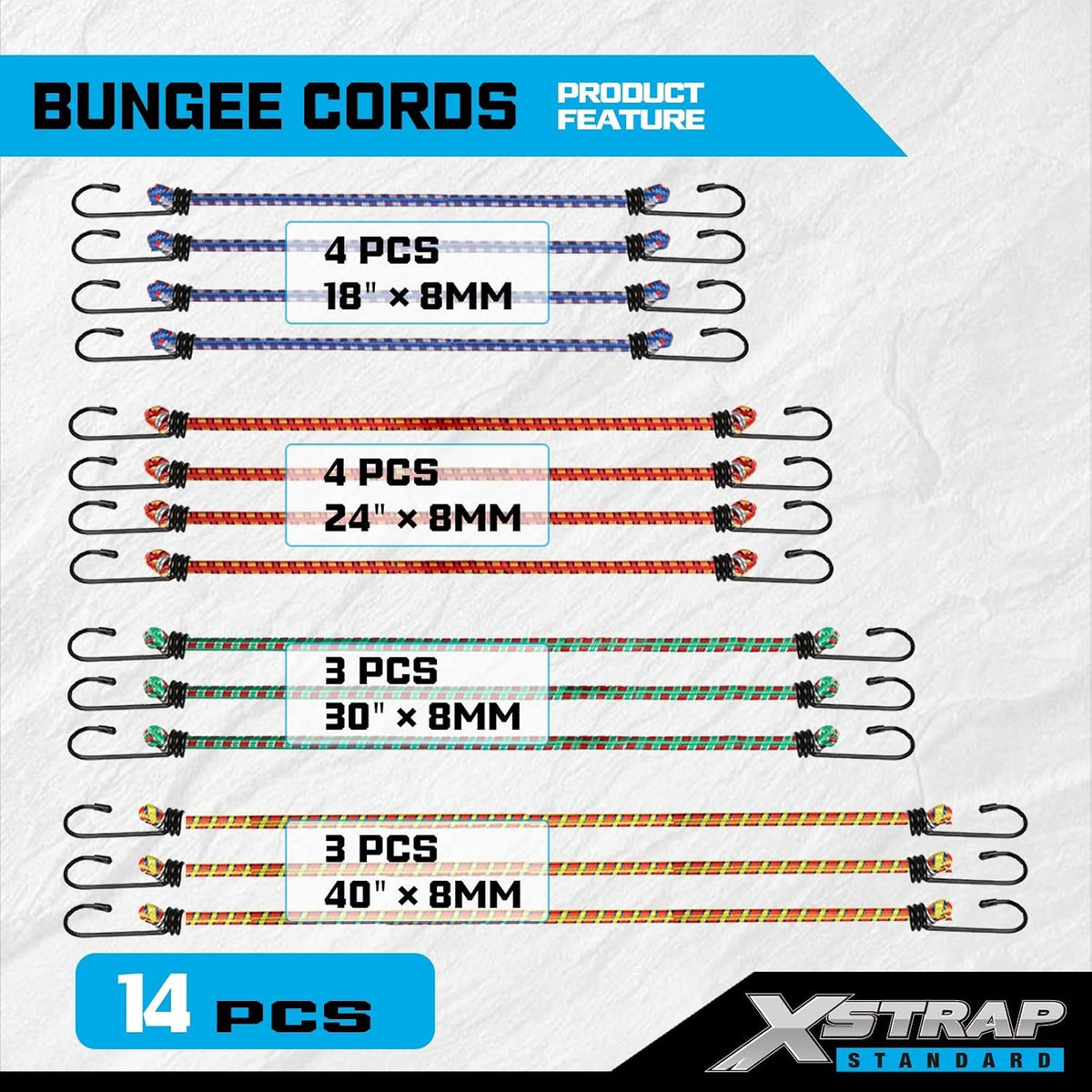 14-Pcs Premium Bungee Cords with Hooks 18", 24", 30", 40" Outdoor Bungee Straps Assortment XS16035