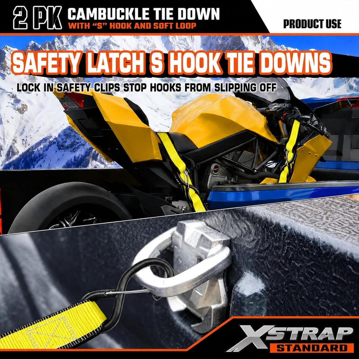 XS16008-Yellow 2-PK Motorcycle Straps Cambuckle Tie Down 1.5" X8FT, Yellow 3000lb Break Strength Heavy-Duty Handlebar Straps, Safety S-Hooks & Soft Loops for Dirt Bike, ATV, Boat and Kayak