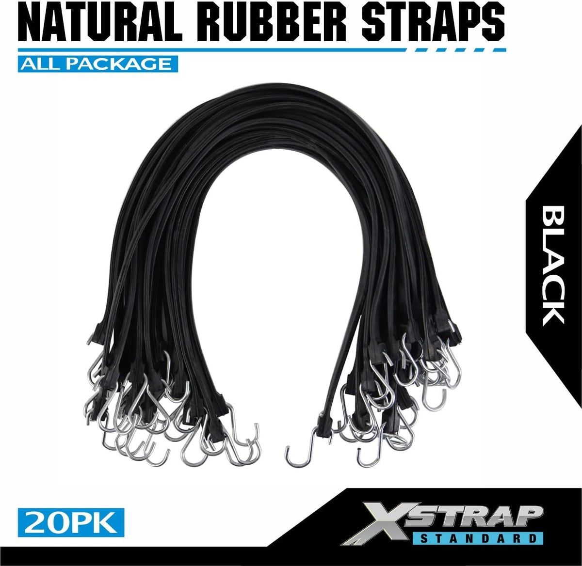 XS35004-1  31" 100% EPDM Bungee Cords 20PK Natural Rubber Tarp Straps Heavy Duty Weatherproof Elastic Tie Downs with Metal Crimped S Hooks for Securing Camping, Canvases, Cargo, Flatbed Trailers