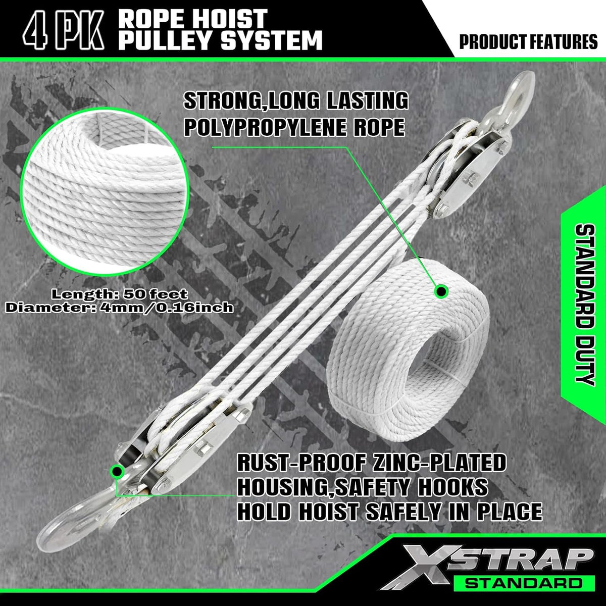 AHLT0003-White 50FT Rope Hoist Pulley Block & Tackle 5:1 System, White 1000 Working Load, 2000 LB Break Strength, 50 FT Rope Hoist with 2 Soft Loops for Garage, Hunting & DIY Attic Lift