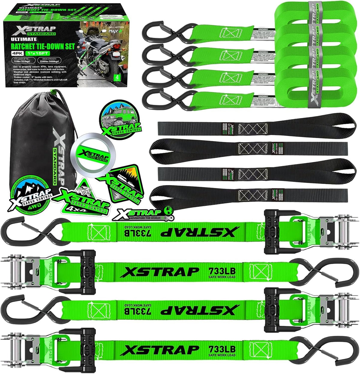 XS11223 1''x15Ft Ratchet Tie Down Straps 4PK, Integrated Soft Loops 2,200 Lbs Break Strength Heavy Duty Padded Handles Ratchet Straps for Kayak Trailer ATV Truck and Moving, Black