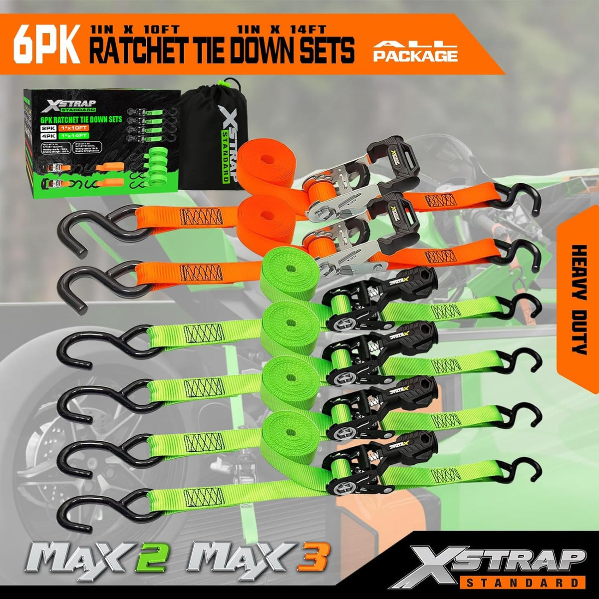 66105B 6-PK Ratchet Tie Down Straps, Heavy Duty Motorcycle Straps 1 Inch 4 x 14ft & 2 x 10ft Tie-down, 3300 lbs Break Strength Cargo Straps with Coated S-Hooks for Moving, Truck, UTV, Trailer