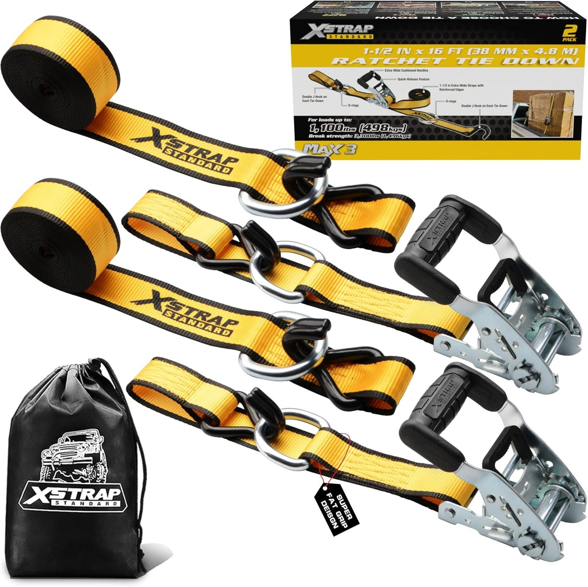 XS66118 4-Pack Heavy Duty 1.5" x 16ft Ratchet Tie Down Cargo Straps 1.5"x16FT Motorcycle Straps with Double J Hooks with Ergonomic T-Handle, 3300 lbs Break Strength for Truck, ATV, Trailer, UTV
